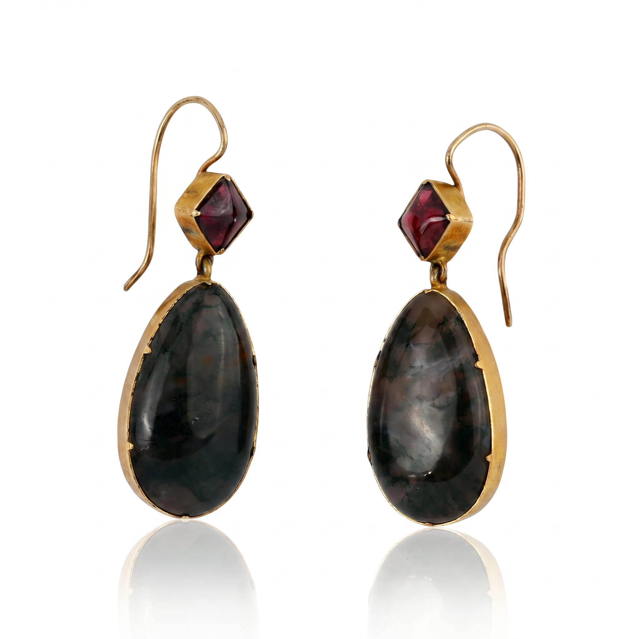 Georgian Moss Agate & Garnet Drop Earrings in 14K Gold