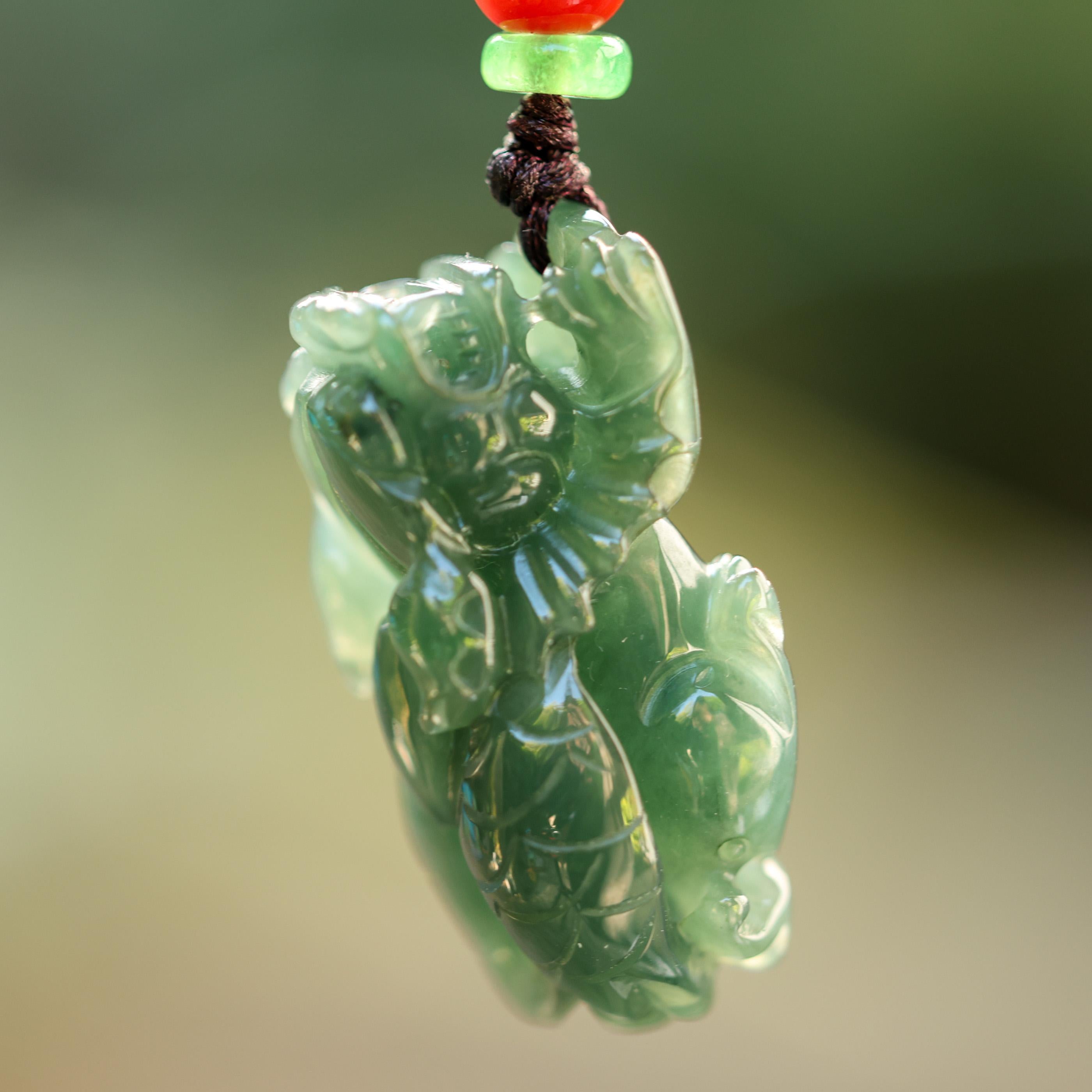 Green Jade Pixiu Carving on Cord Necklace