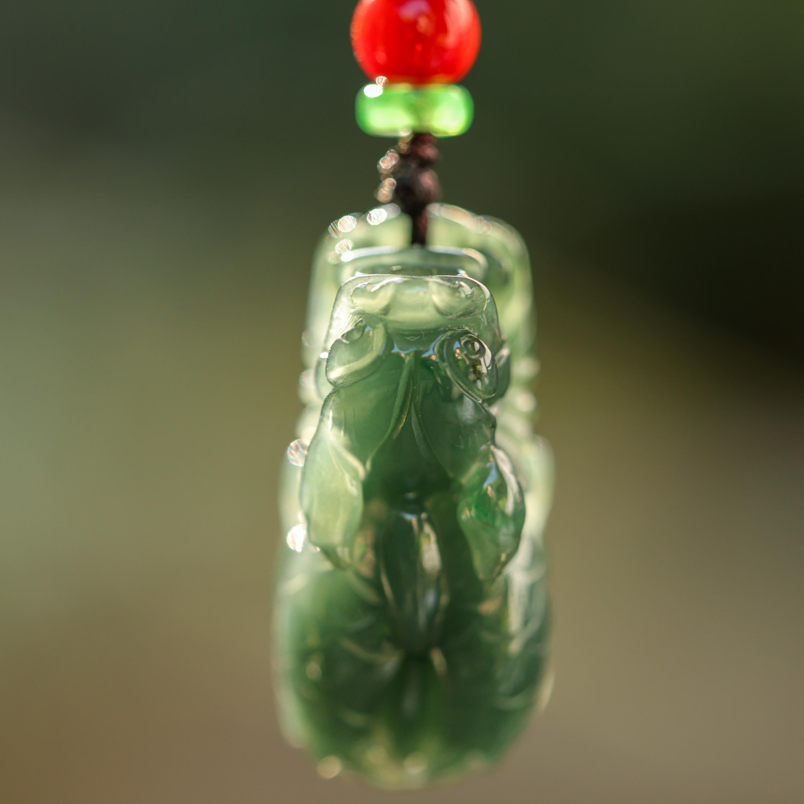 Green Jade Pixiu Carving on Cord Necklace