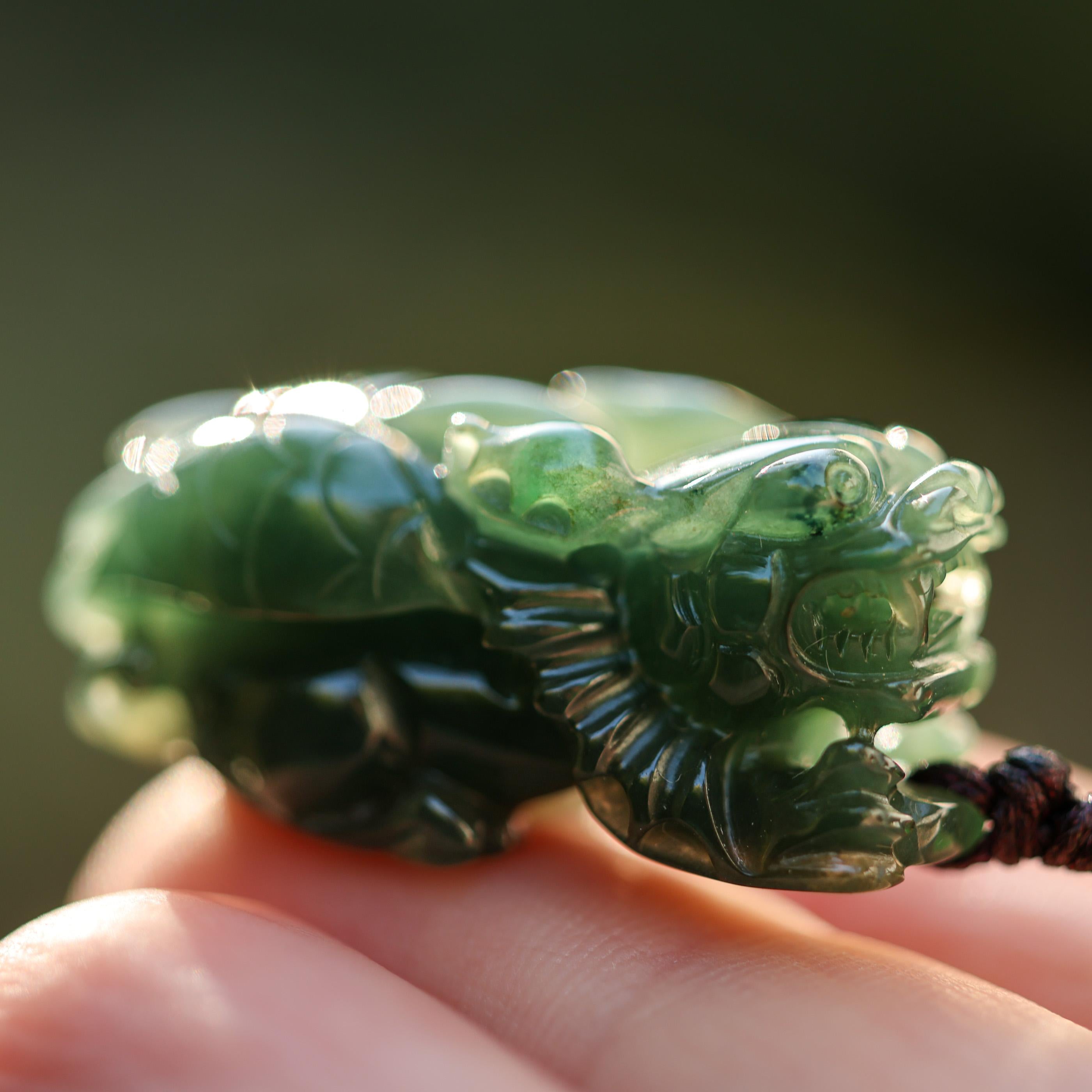 Green Jade Pixiu Carving on Cord Necklace