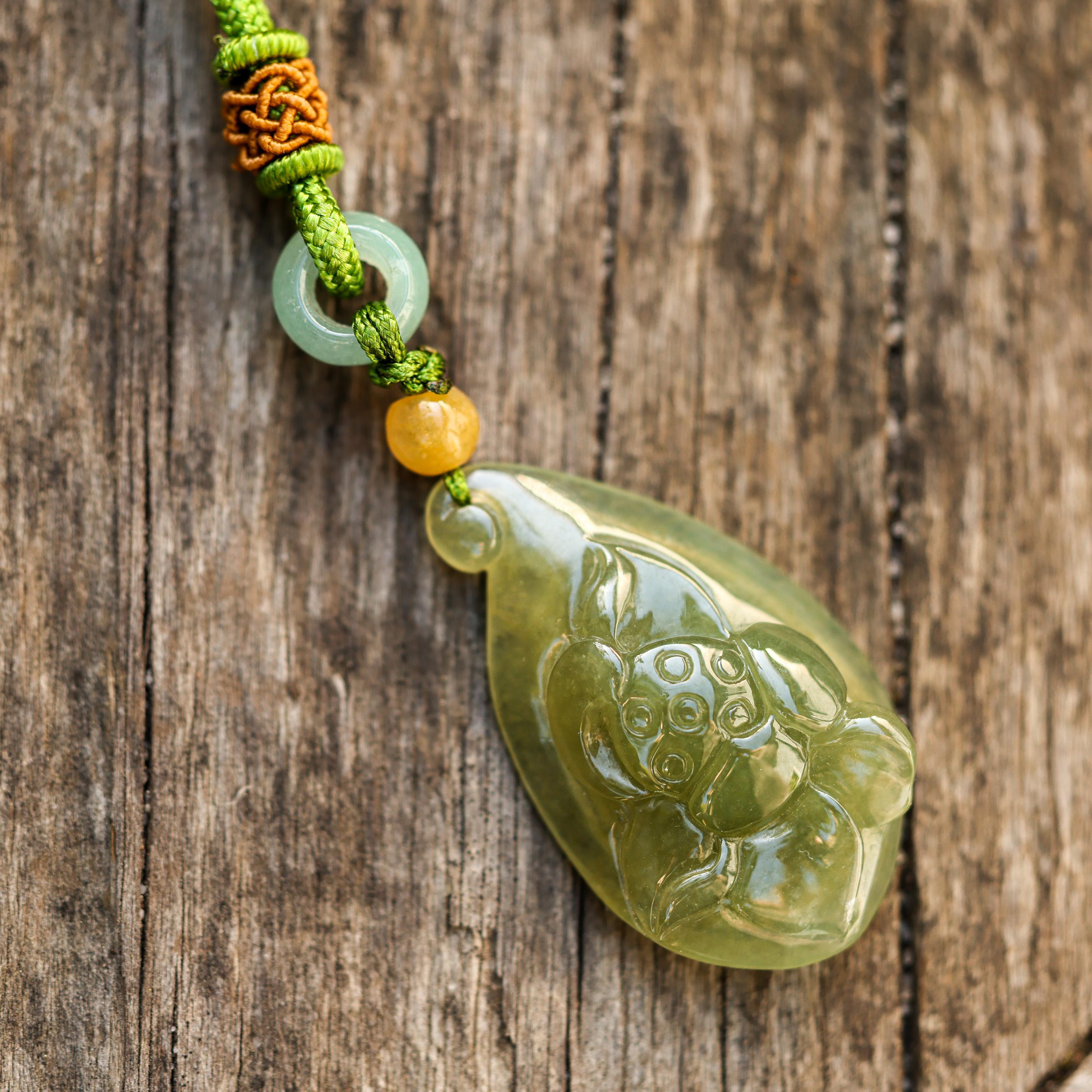 Yellow Green Jade Lotus Seed Carving on Cord Necklace