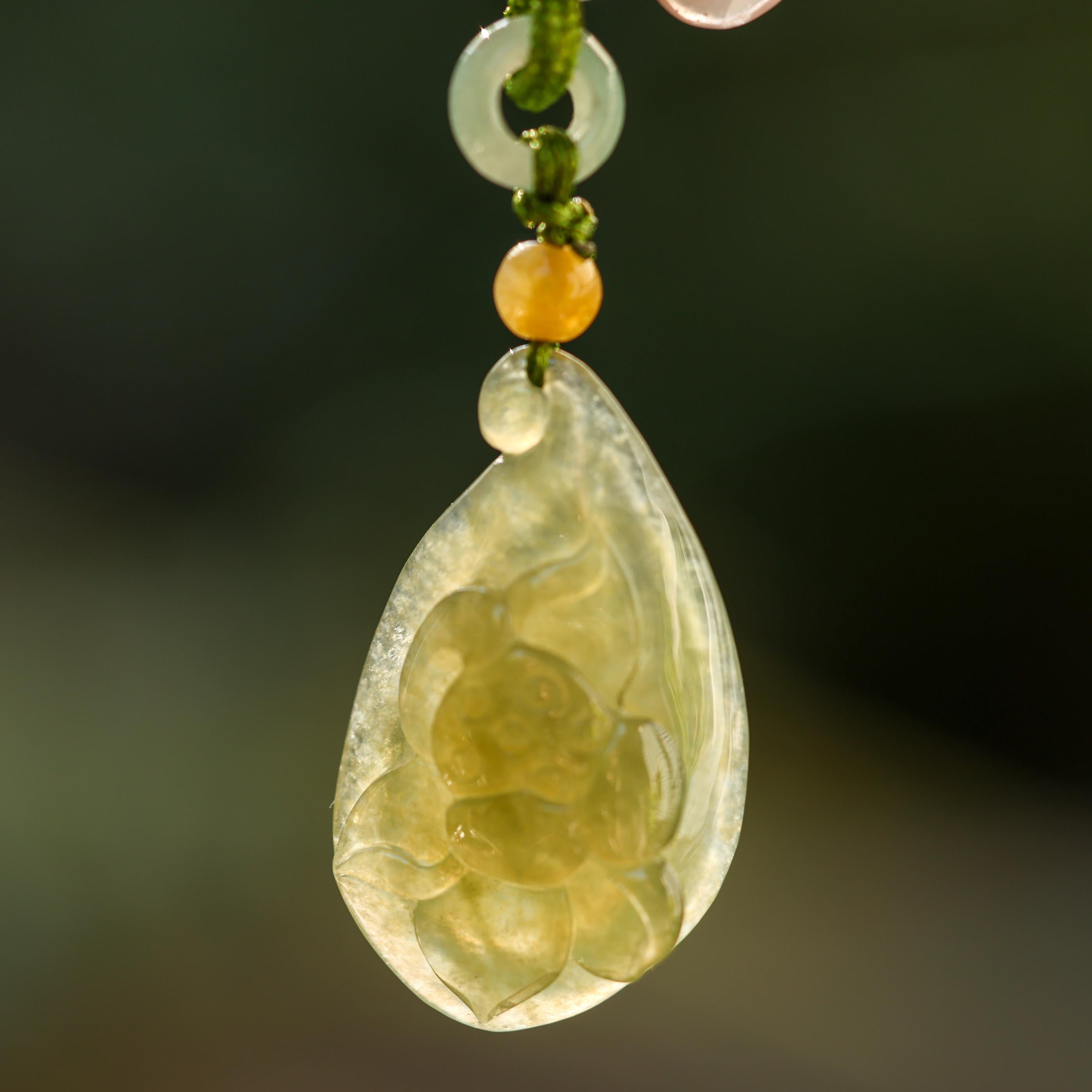 Yellow Green Jade Lotus Seed Carving on Cord Necklace
