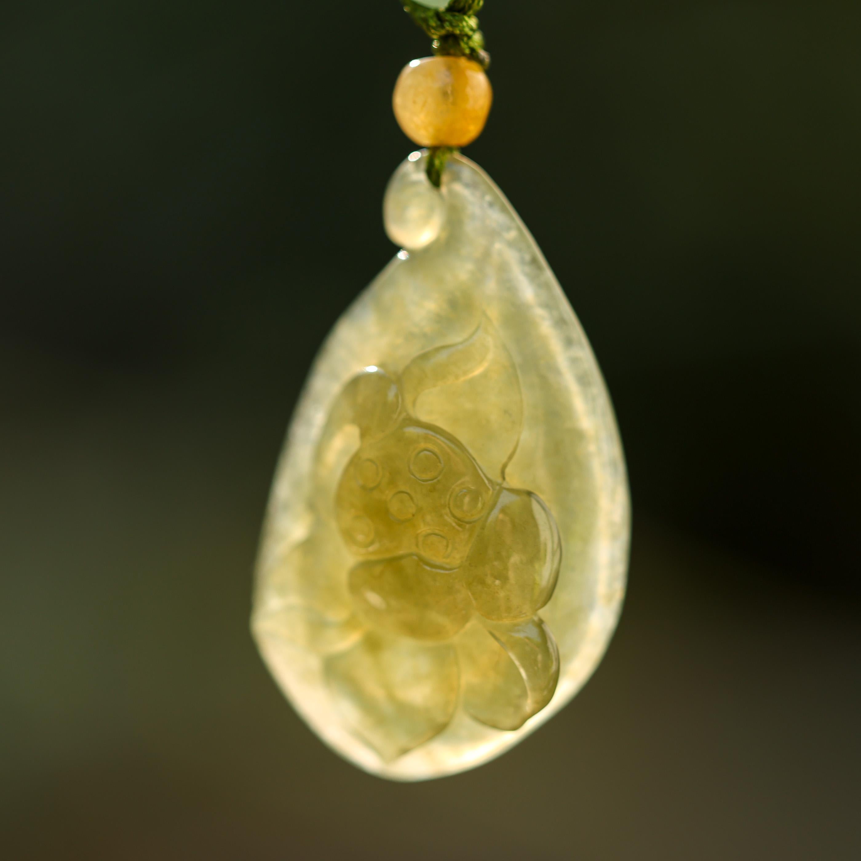 Yellow Green Jade Lotus Seed Carving on Cord Necklace