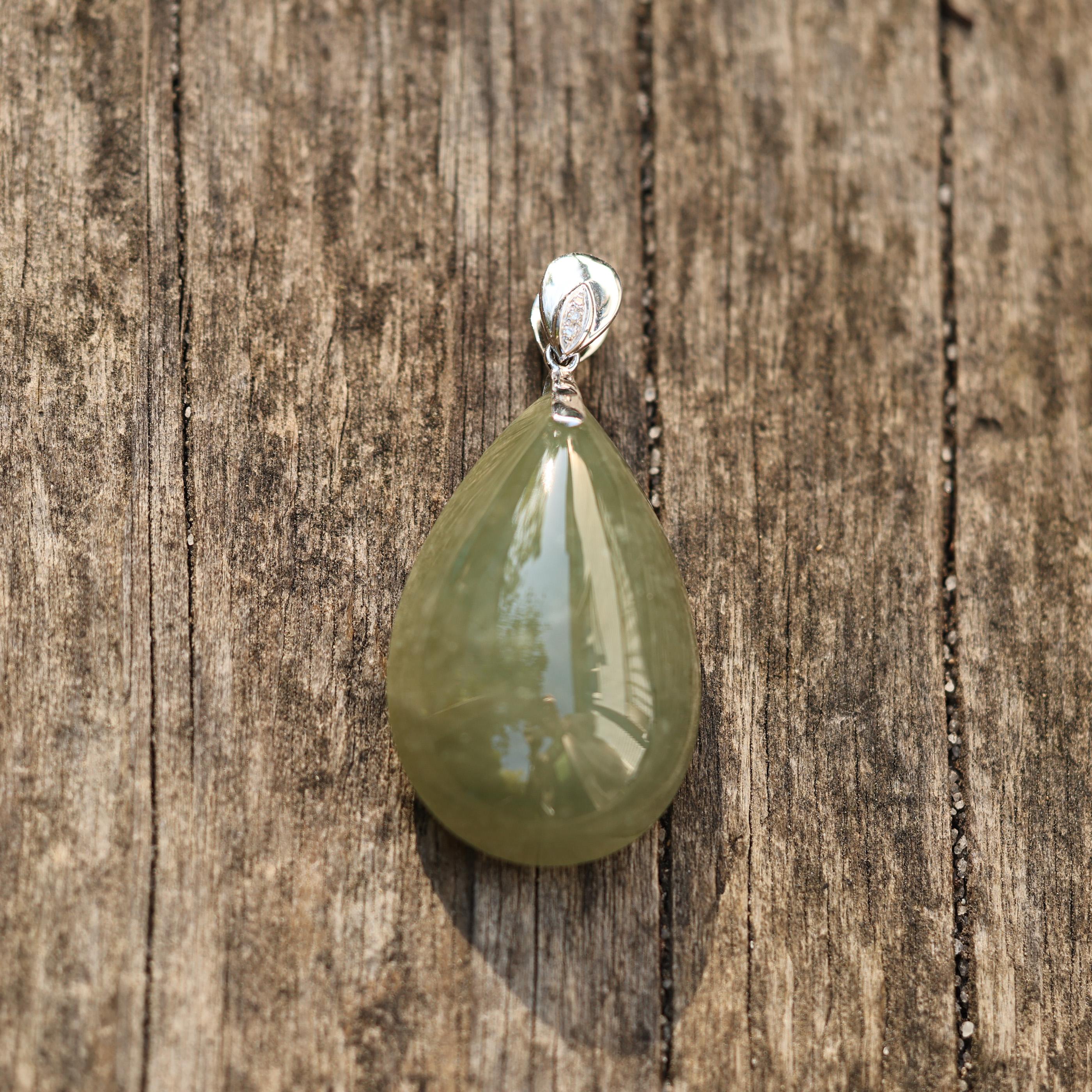 18K Green Jade Pear Cabochon Pendant with Diamond Accents