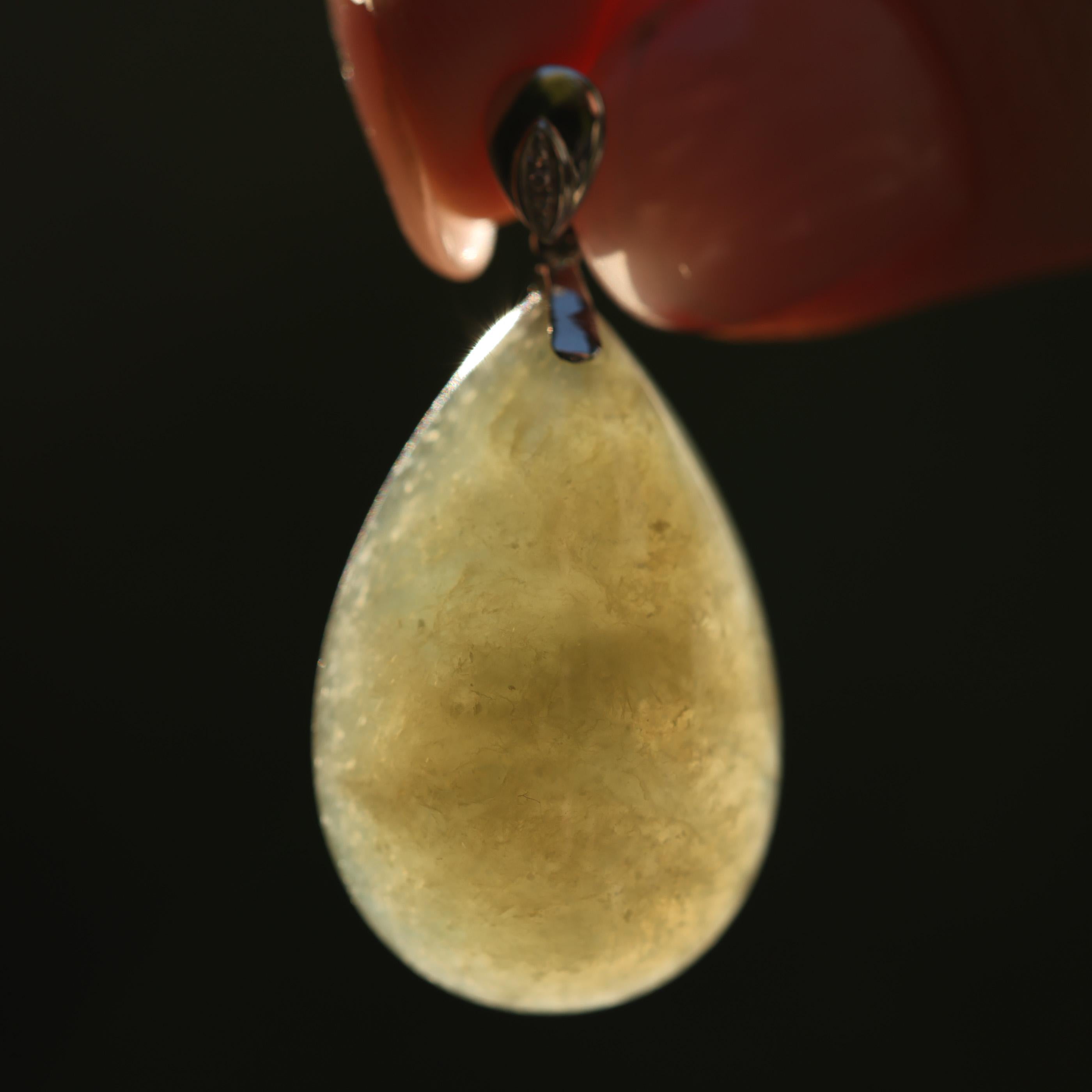18K Green Jade Pear Cabochon Pendant with Diamond Accents