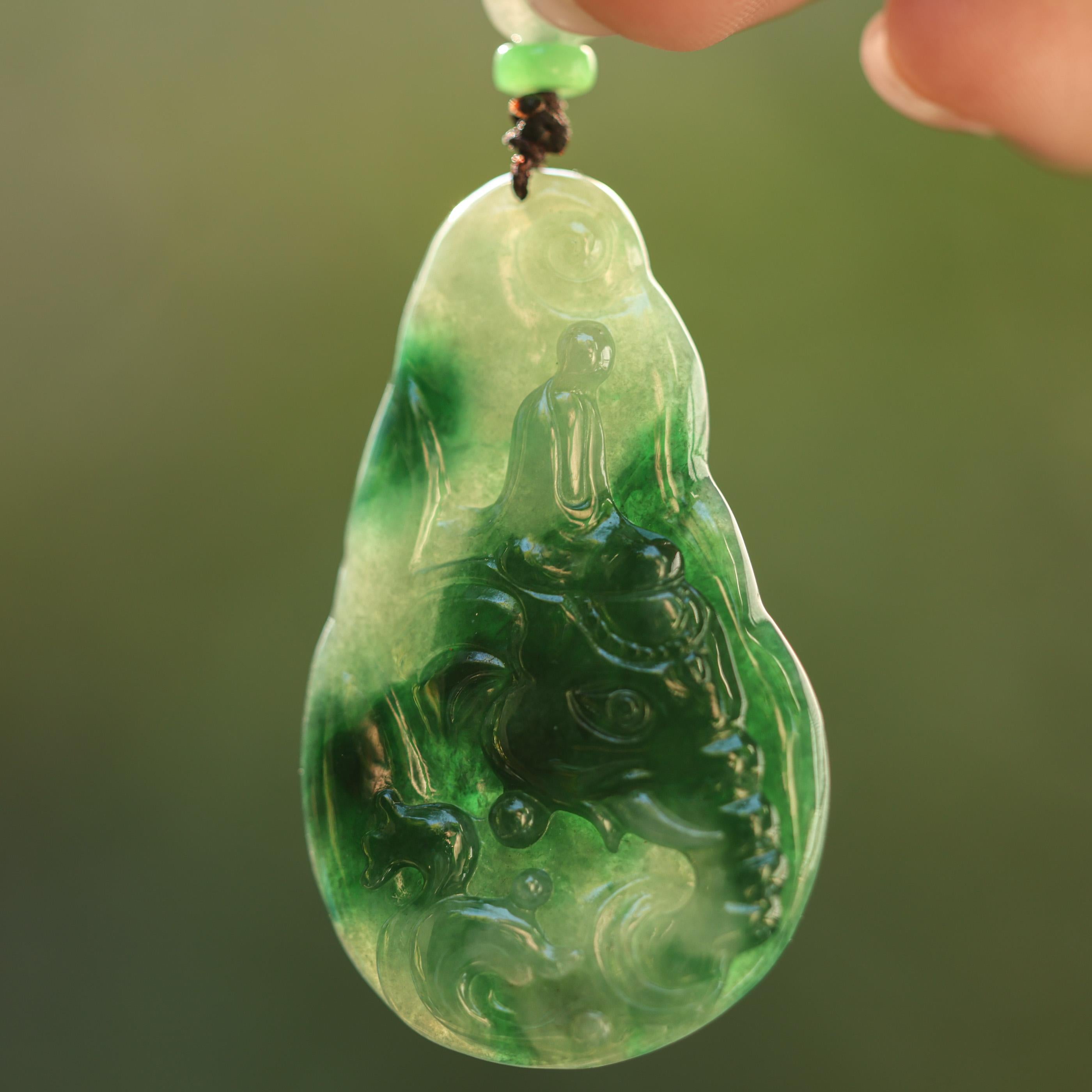 Green Jade Carving of Elephant on Cord Necklace