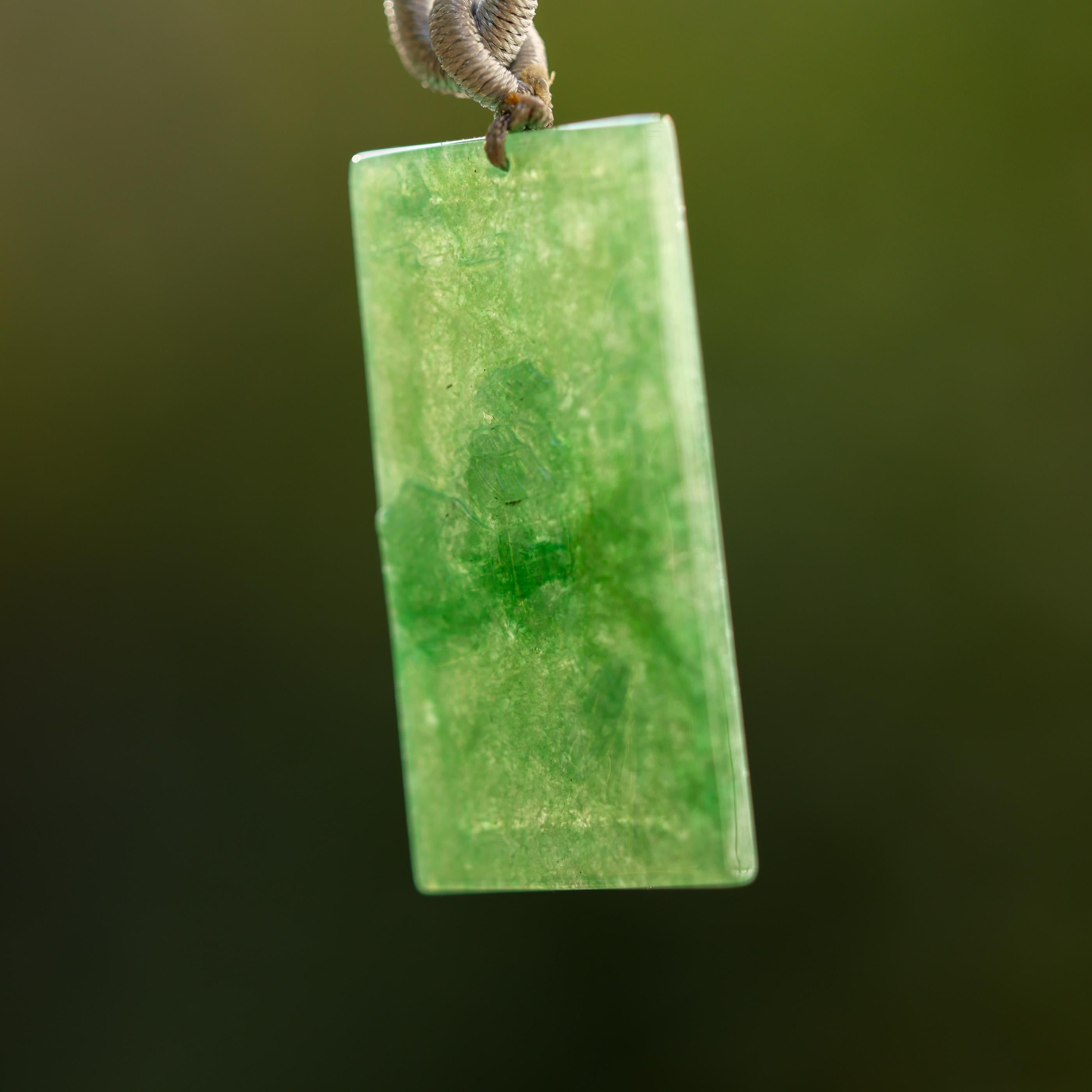 Green Jade Carving of Houses on Cord Necklace