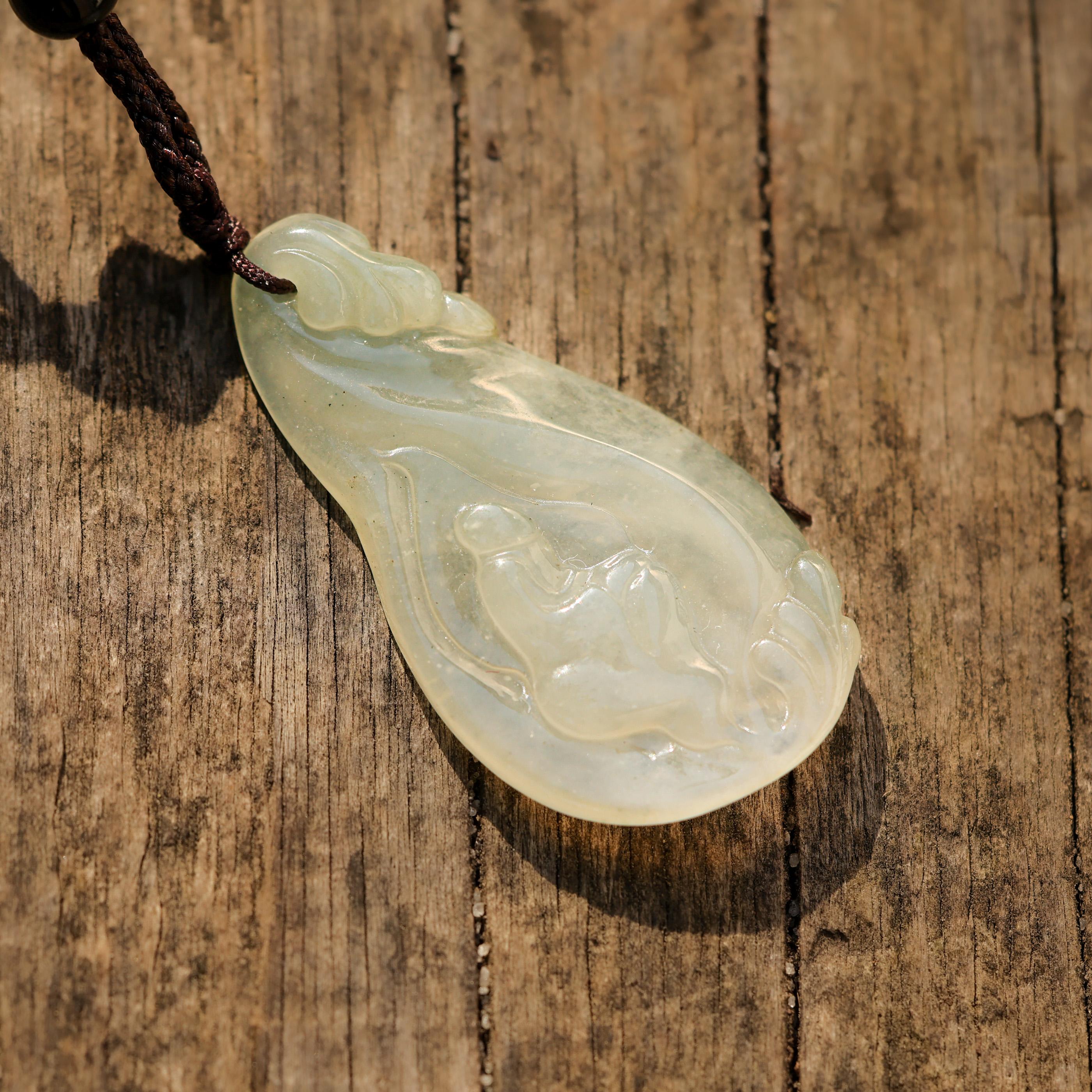 Yellow Green Jade Carving of Figure on Cord Necklace