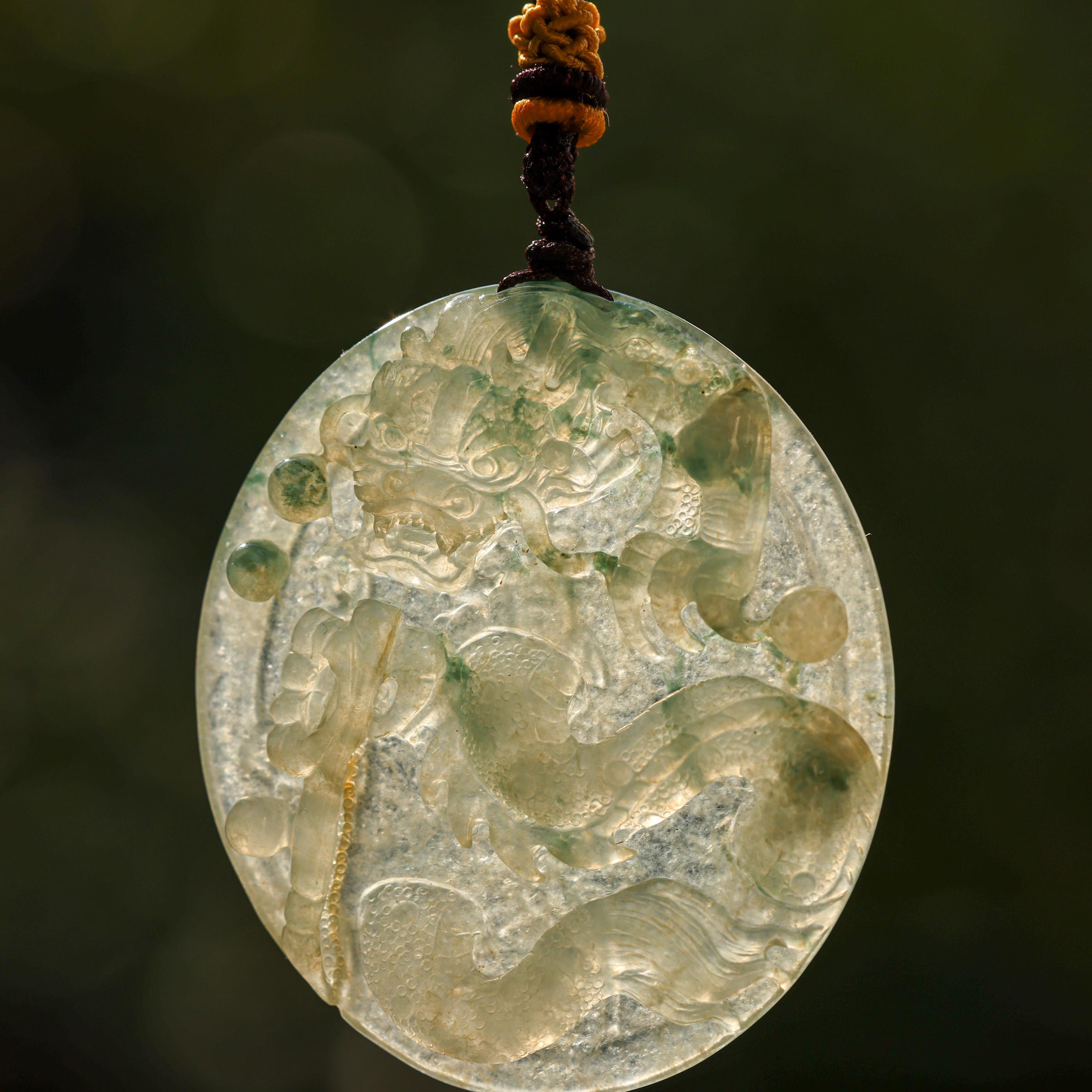 Icy Green Jade Dragon Carving on Cord Necklace