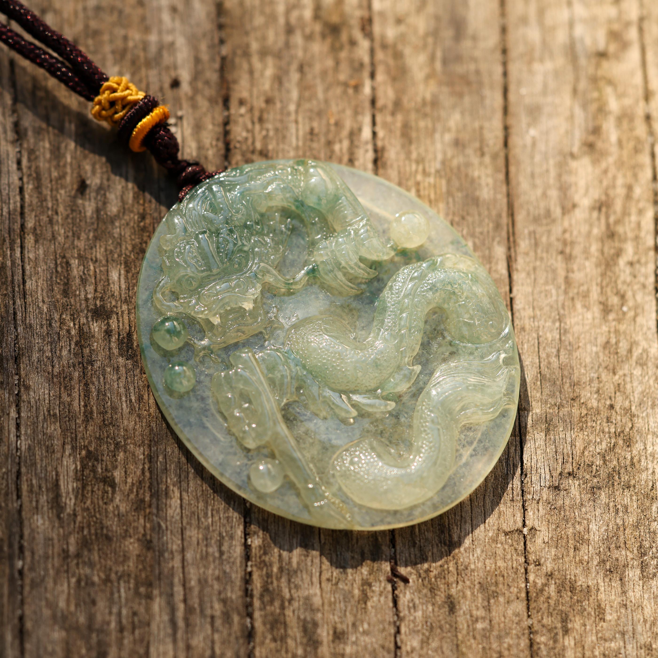 Icy Green Jade Dragon Carving on Cord Necklace