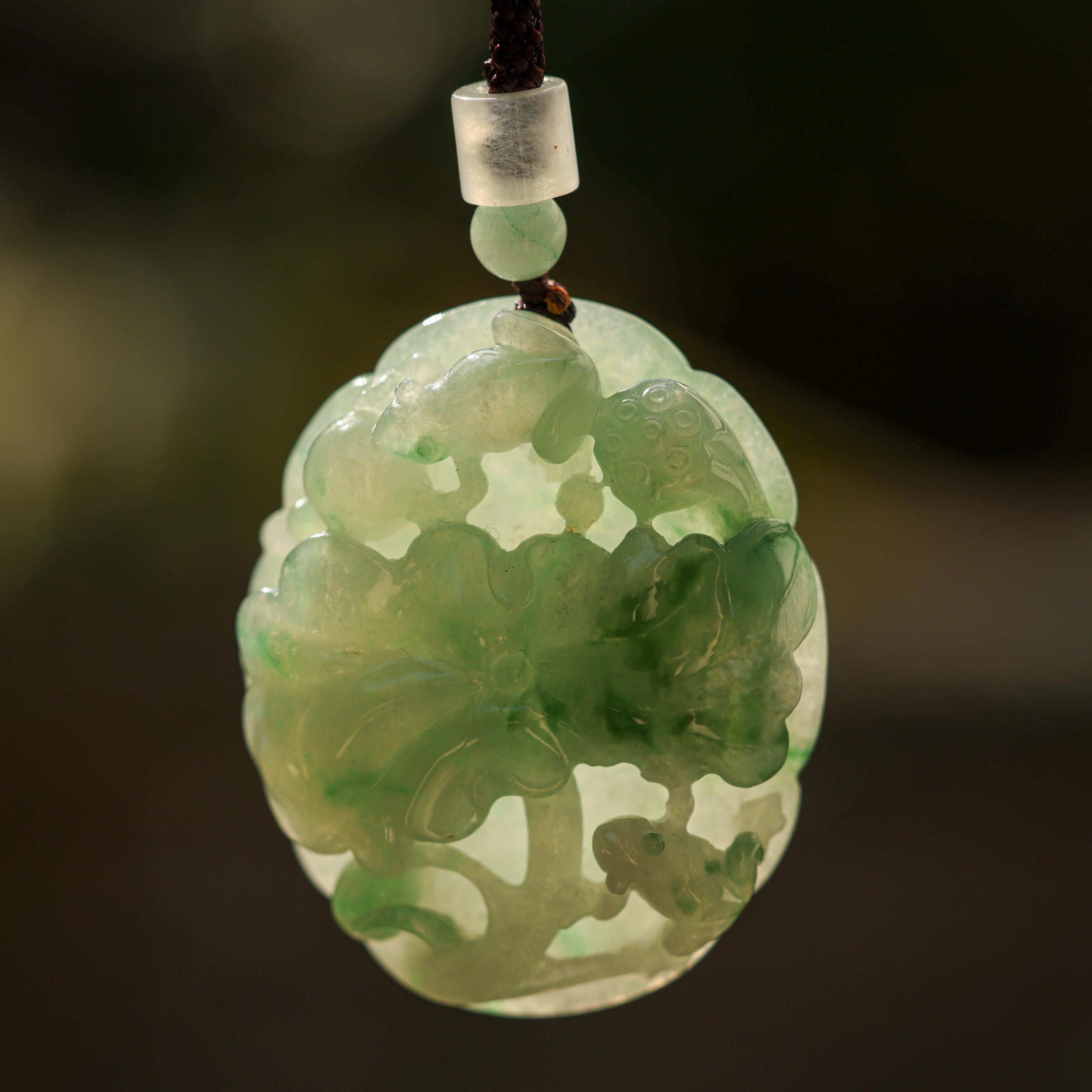 Green Jadeite Jade Carving of Flower & Frogs on Cord Necklace