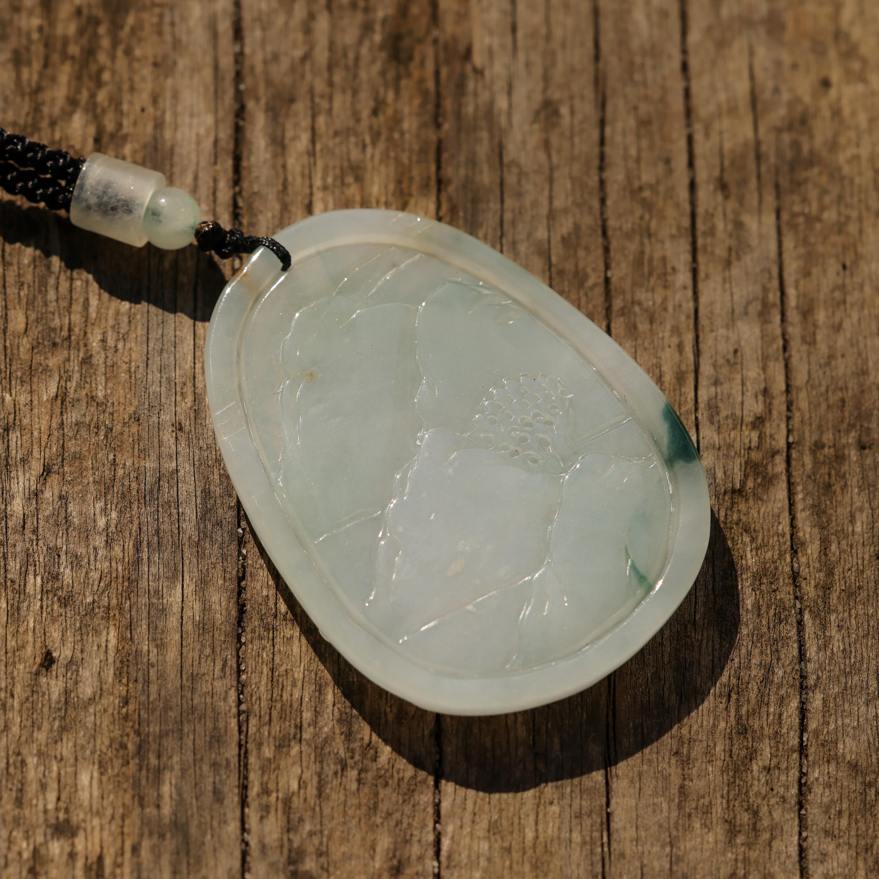 Icy White Jade Carving of Village on Cord Necklace