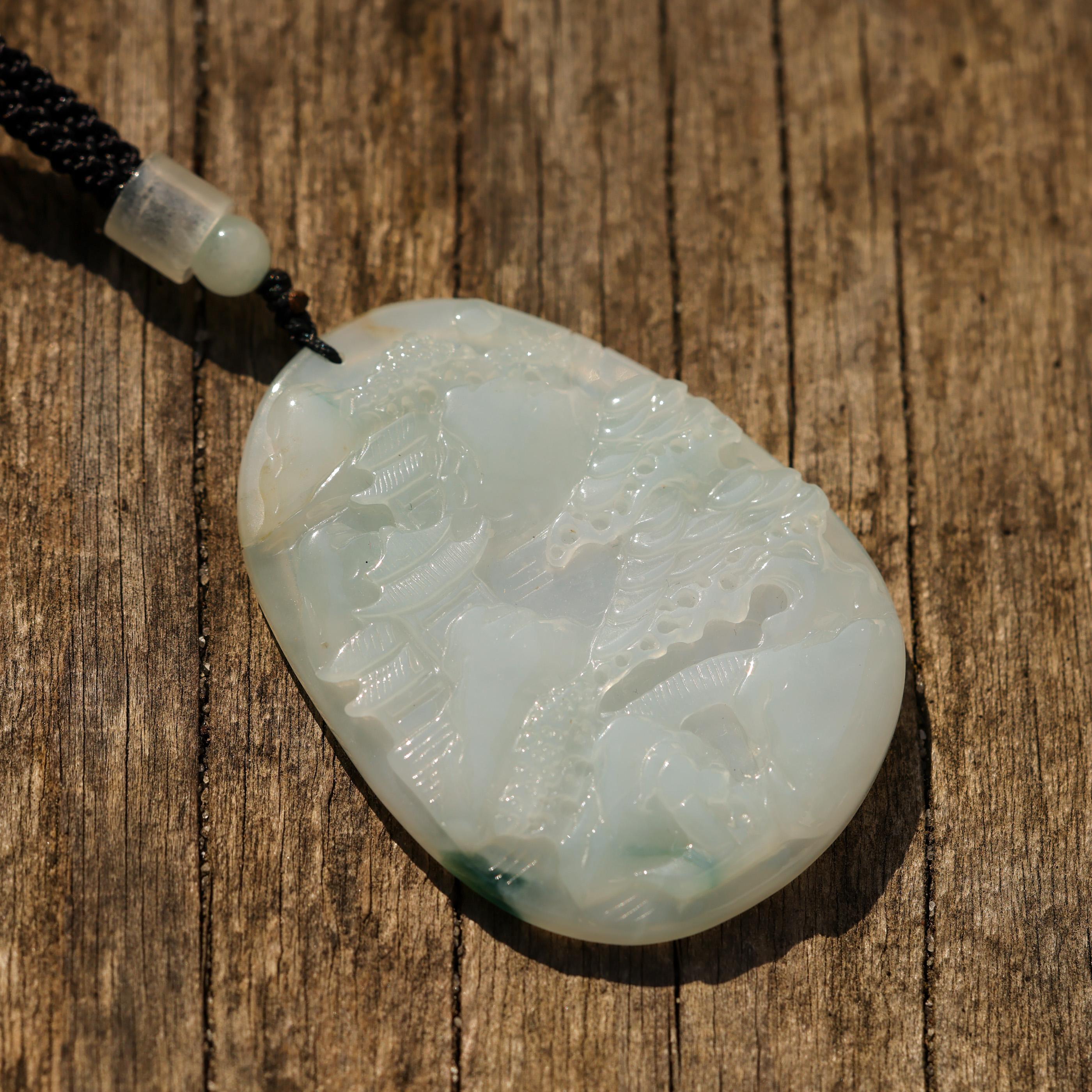 Icy White Jade Carving of Village on Cord Necklace