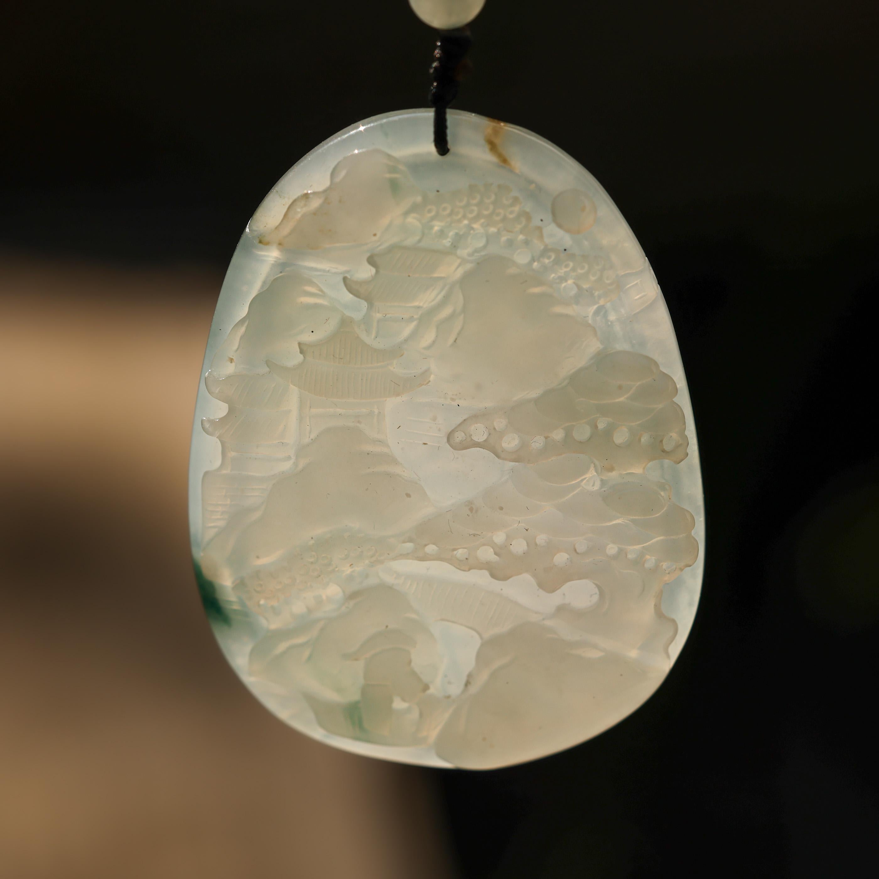 Icy White Jade Carving of Village on Cord Necklace