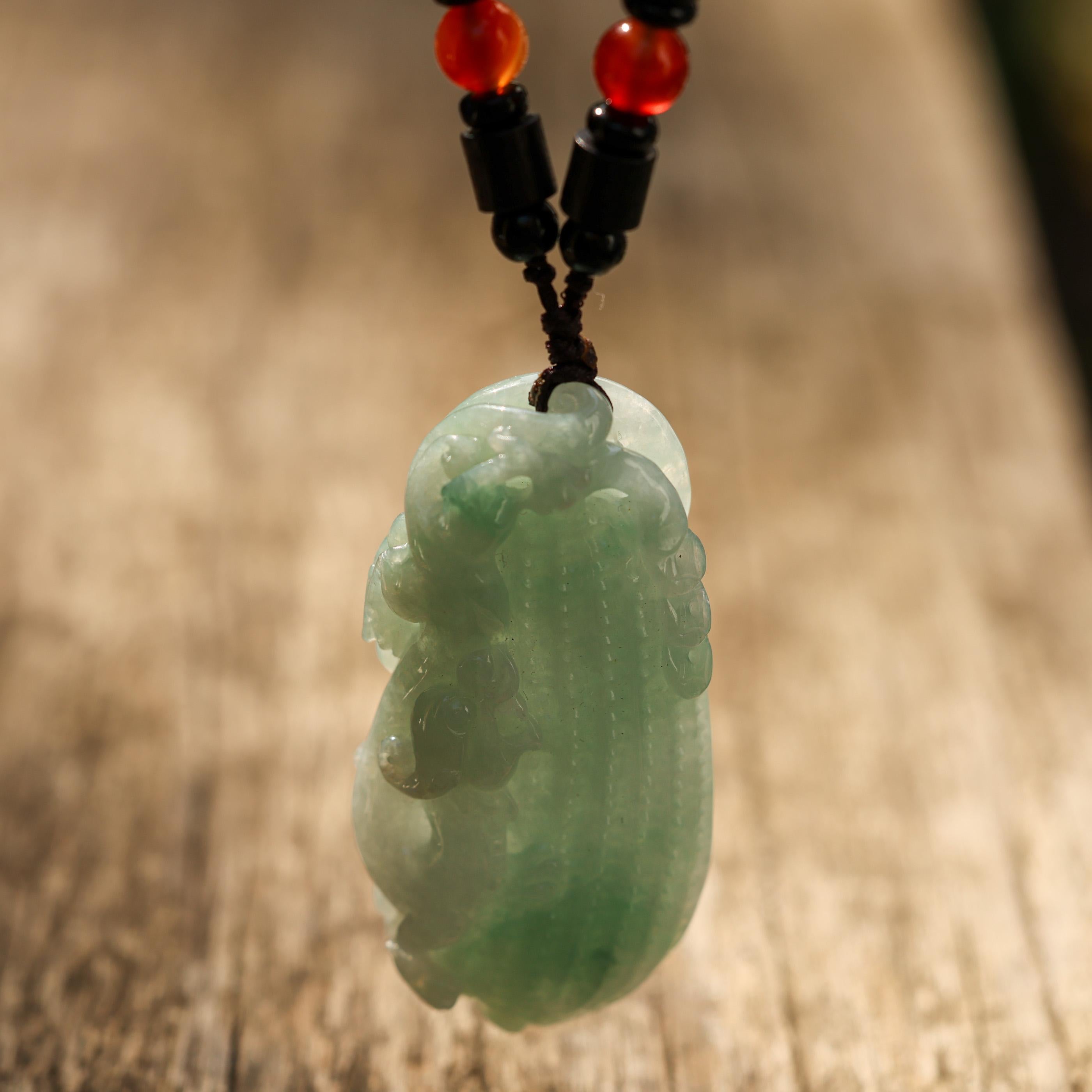 Green Jade Pixiu & Peanut Carving on Cord Necklace