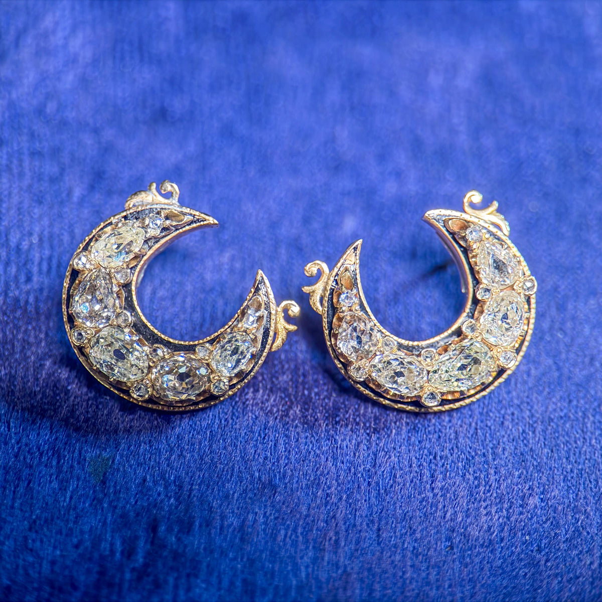Victorian Crescent Moon Old Mine Cut Diamond Gold Earrings