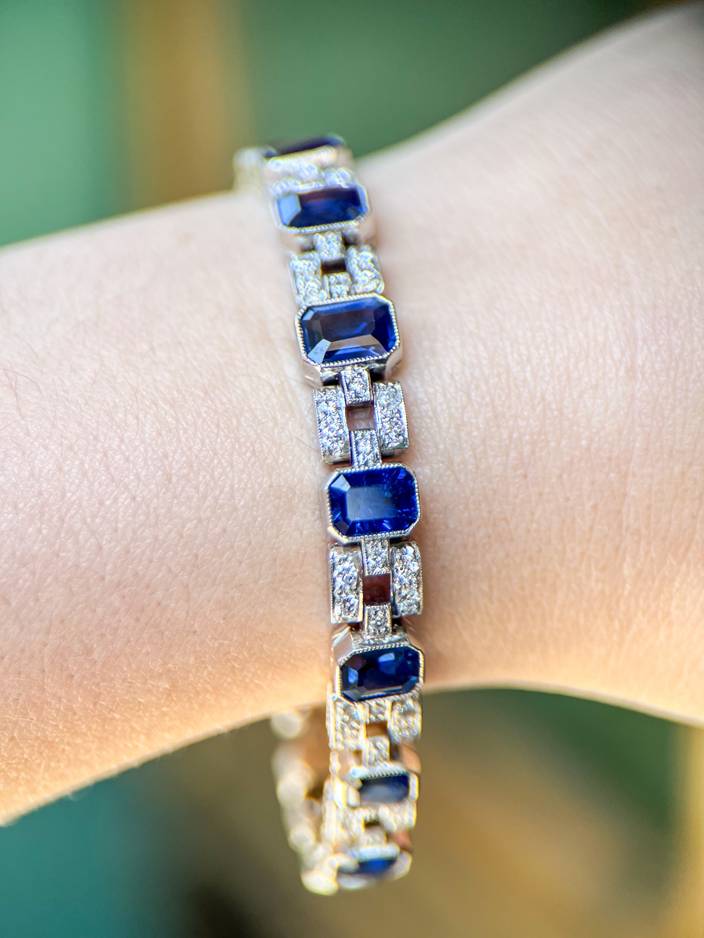 Art Deco Platinum Sapphire & Diamond Link Bracelet