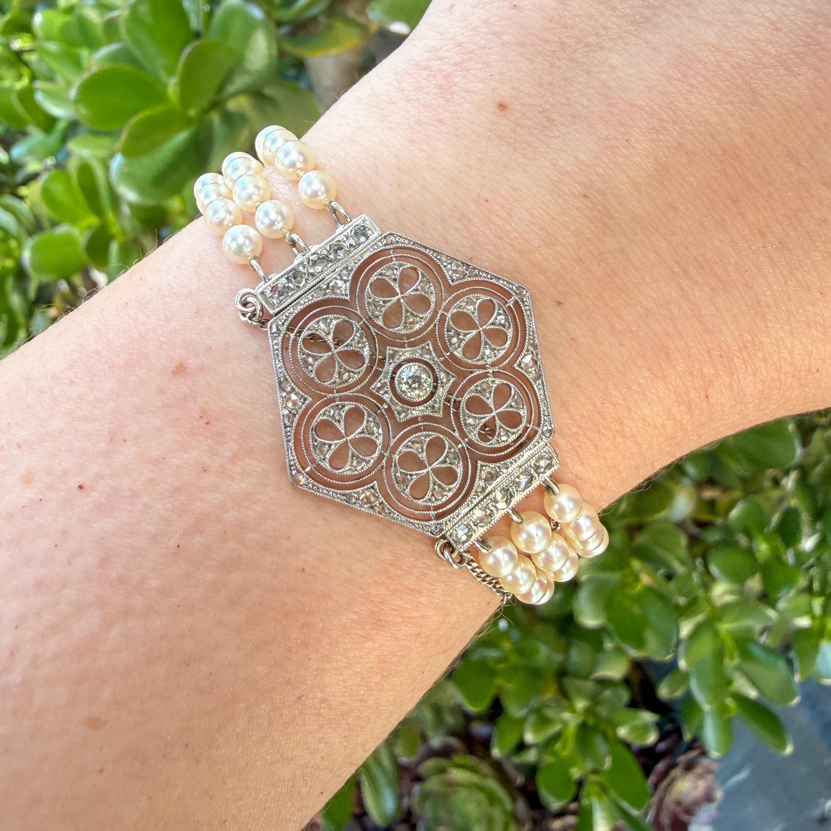 Old European Cut Diamond Bracelet with Pearls in Gold & Platinum