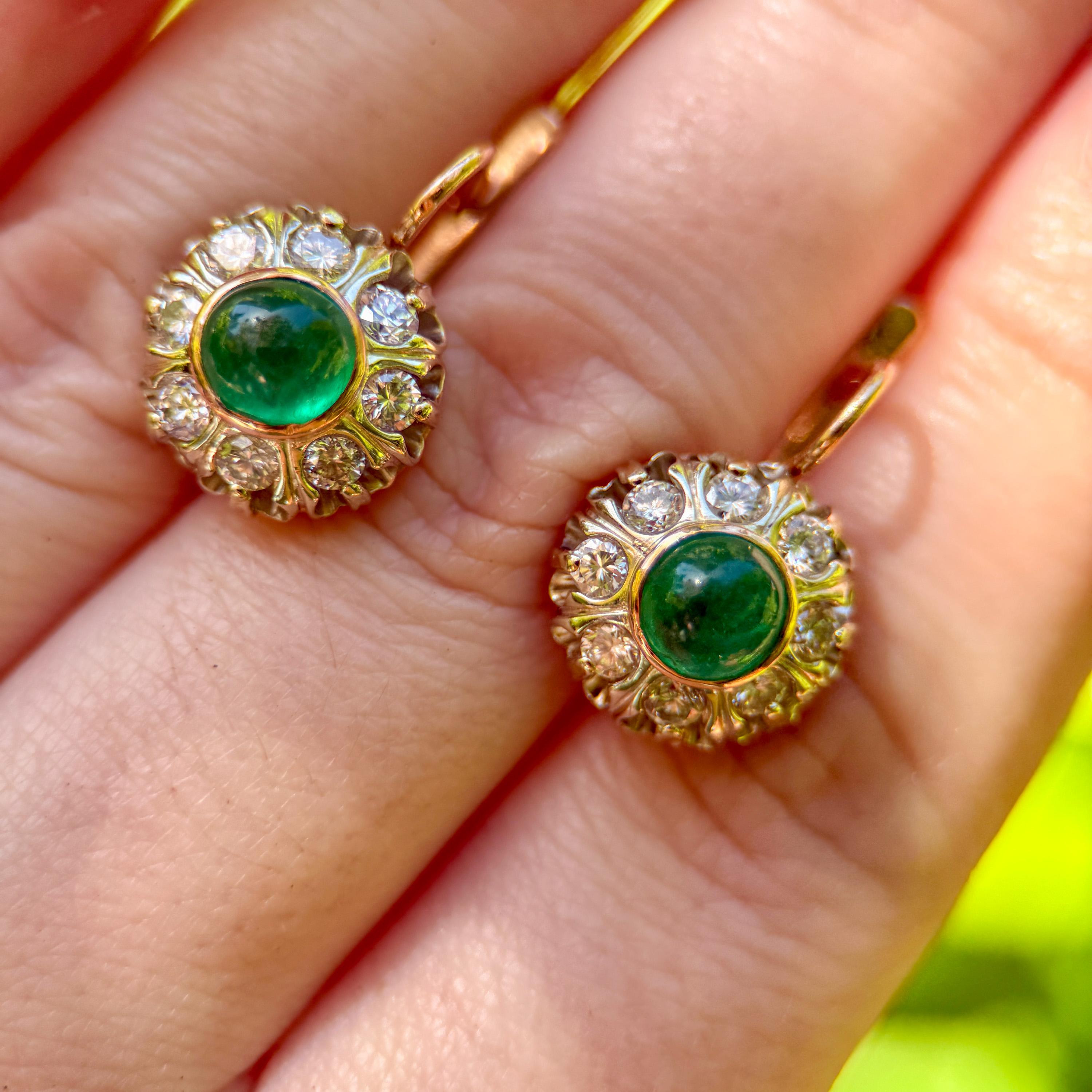 Victorian Style Emerald & Diamond Cluster Earrings