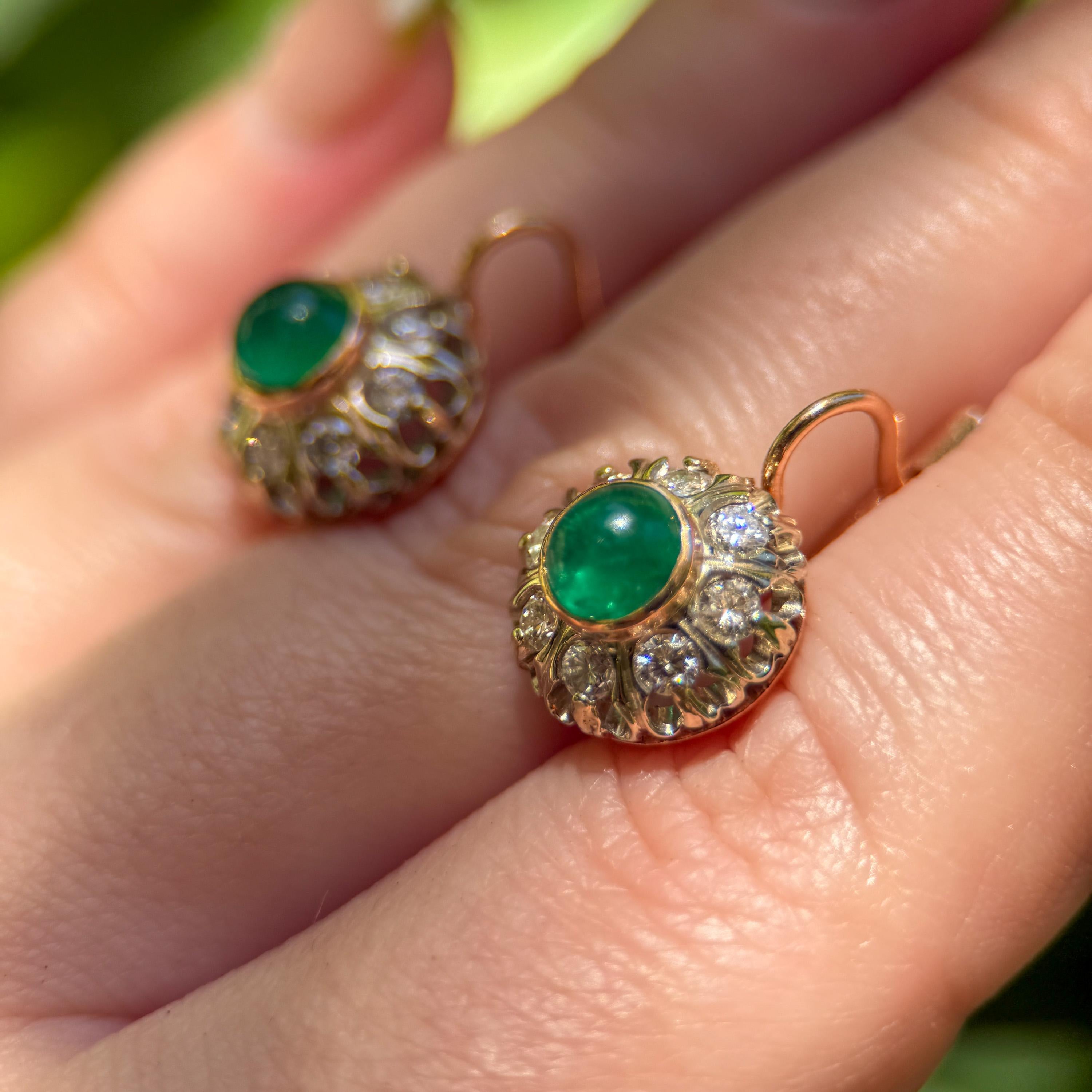 Victorian Style Emerald & Diamond Cluster Earrings