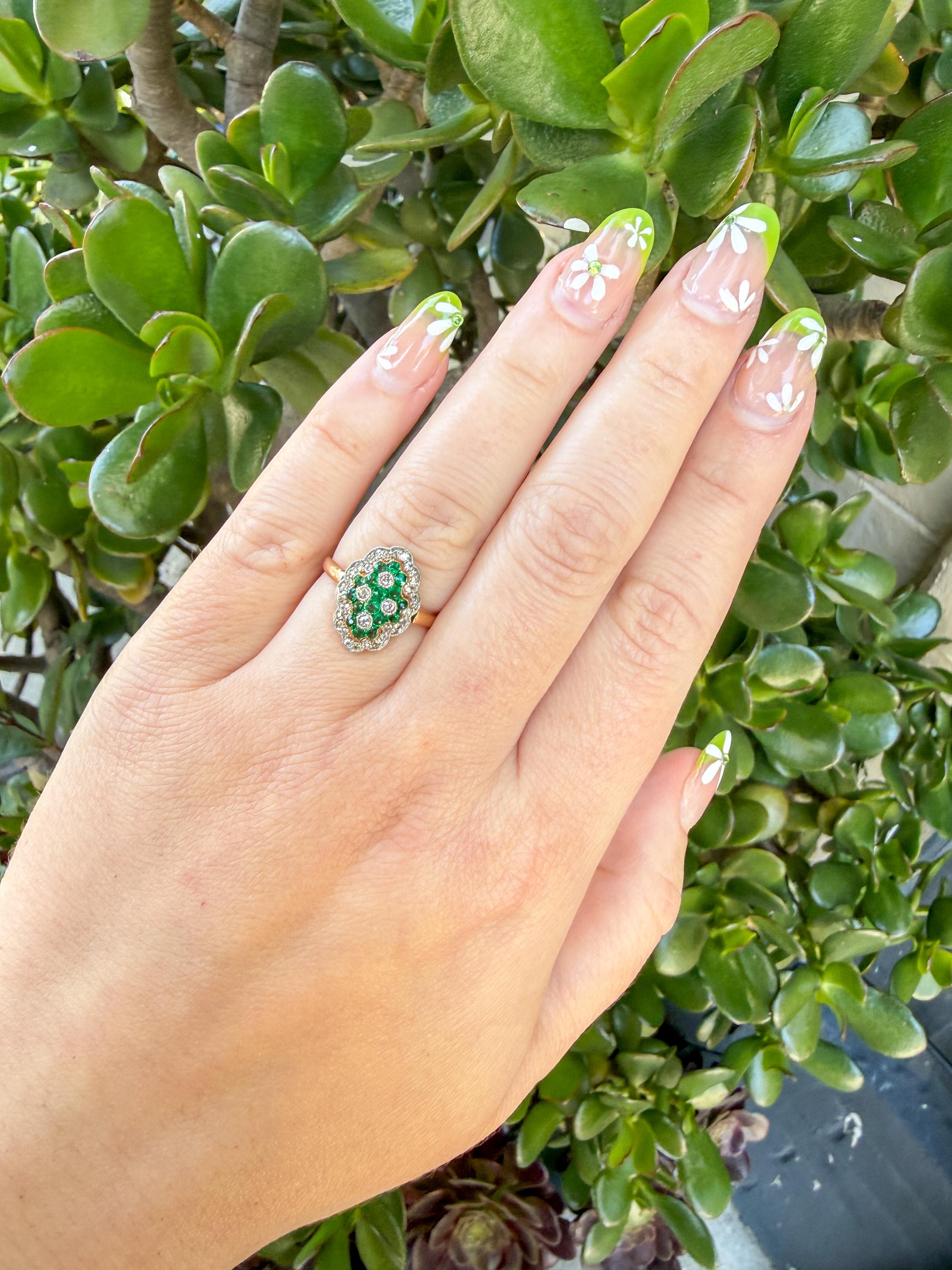 Edwardian Emerald & Diamond Navette Ring in 18k Gold & Platinum