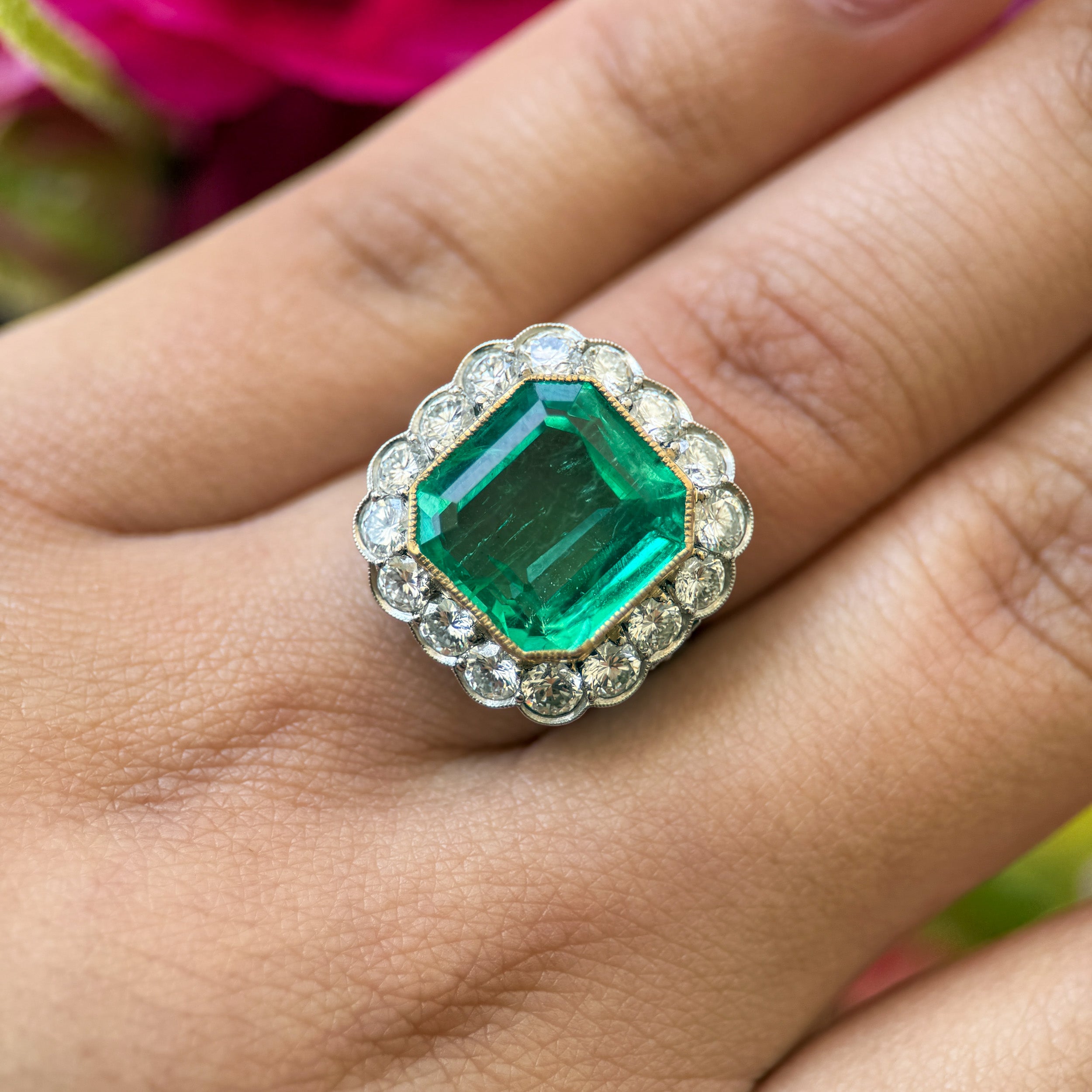 Edwardian Style Emerald & Diamond Cocktail Ring
