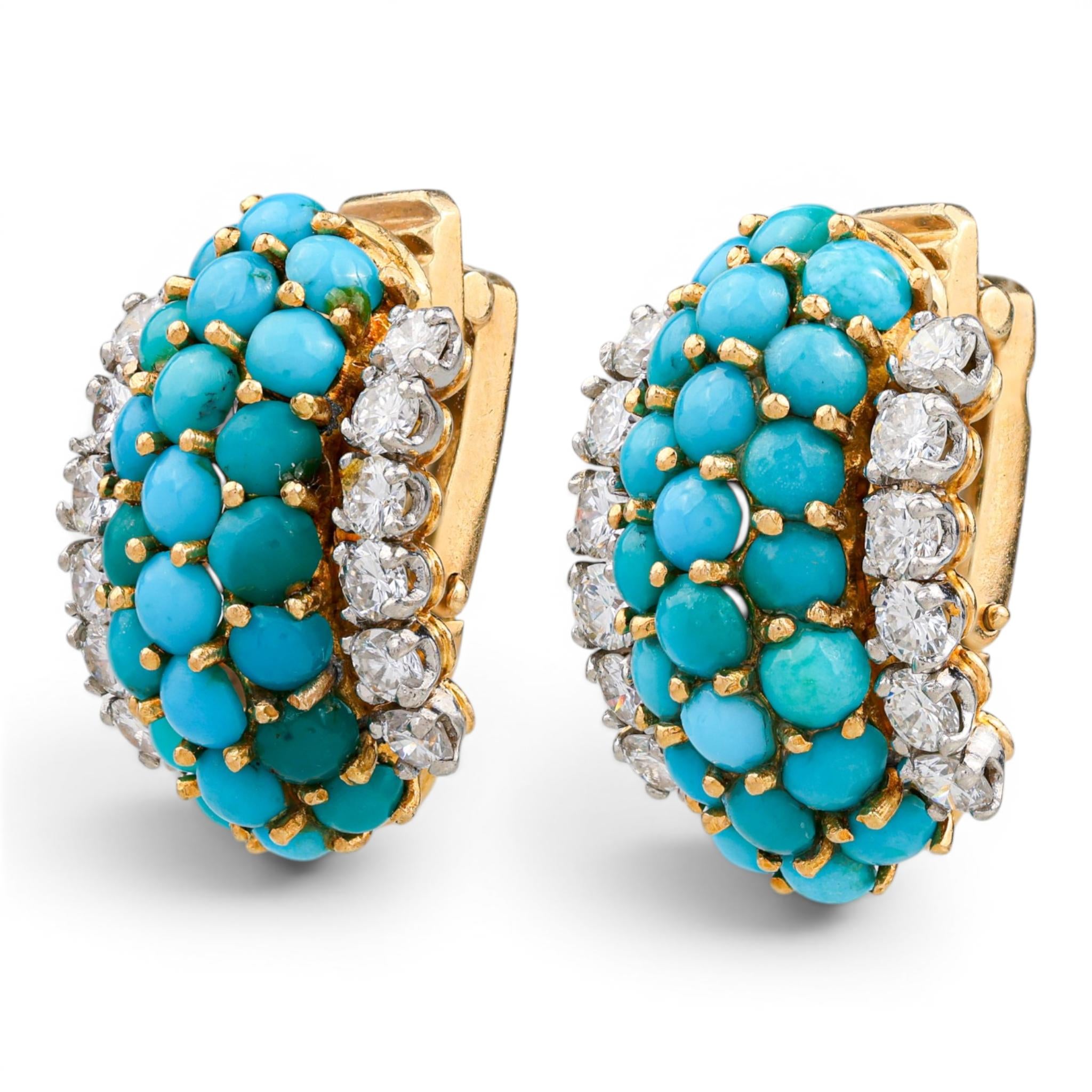 French Retro Turquoise & Diamond Cuff Earrings