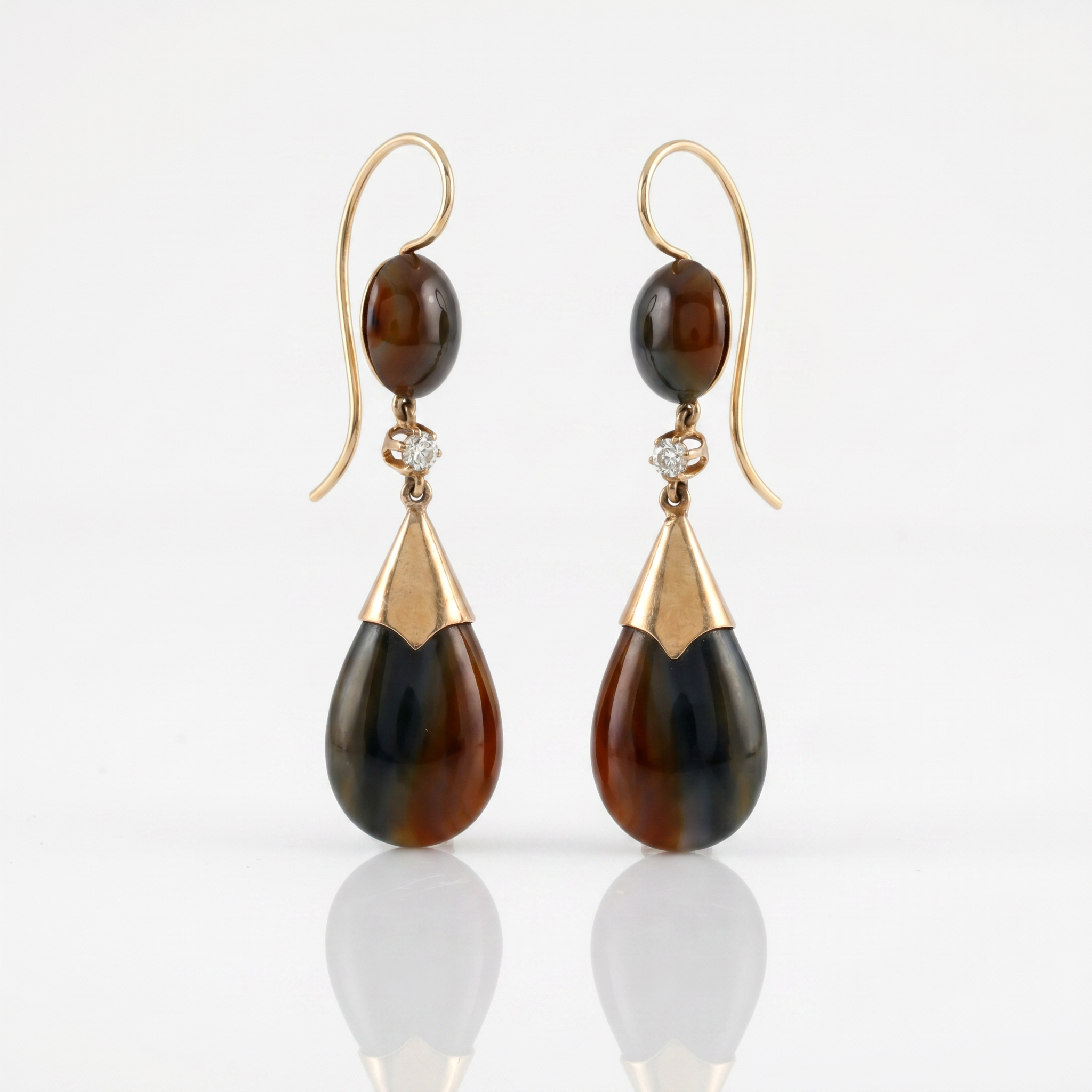 Victorian 14K Gold Agate & Diamond Drop Earrings