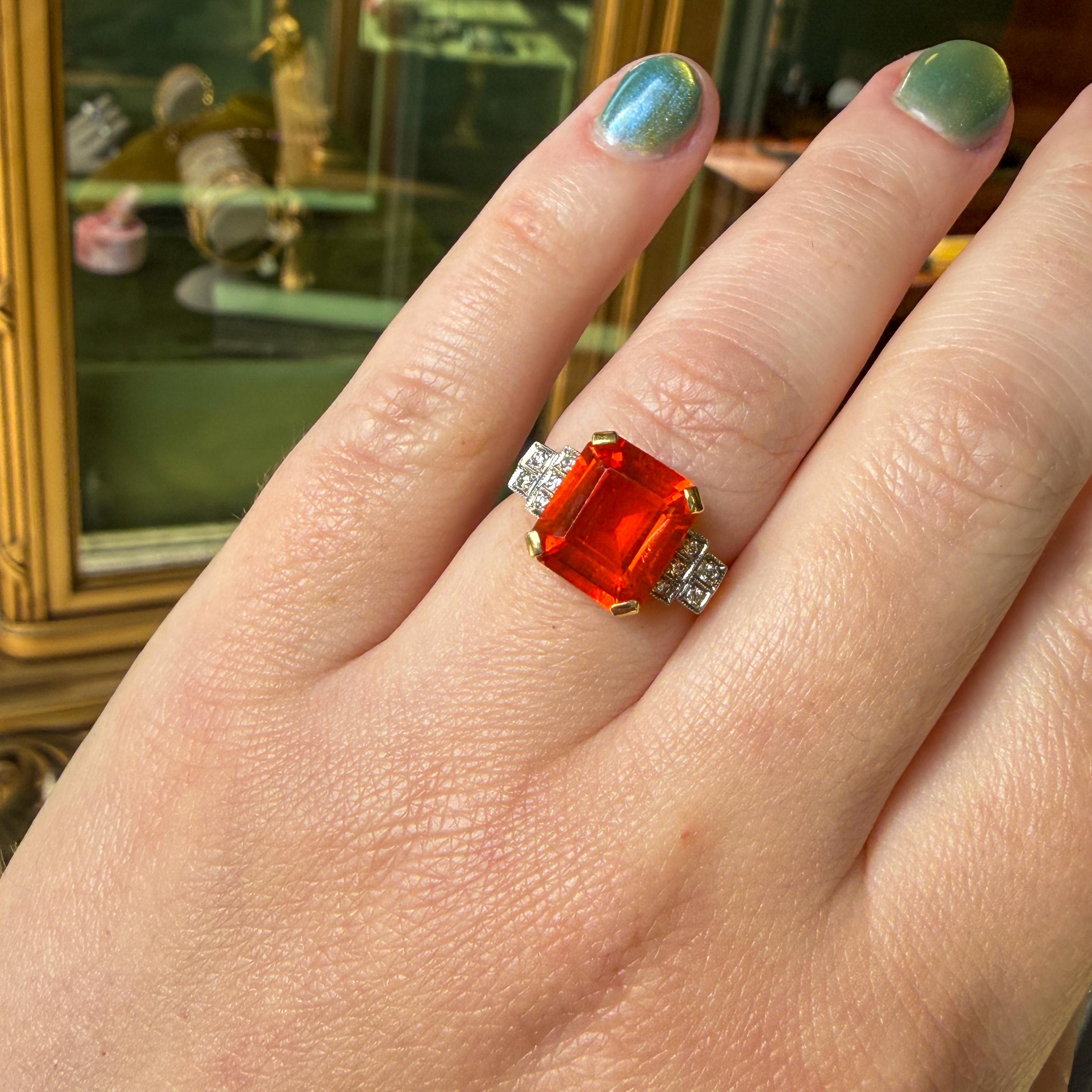 Art Deco Style 18K Fire Opal and Diamond Ring