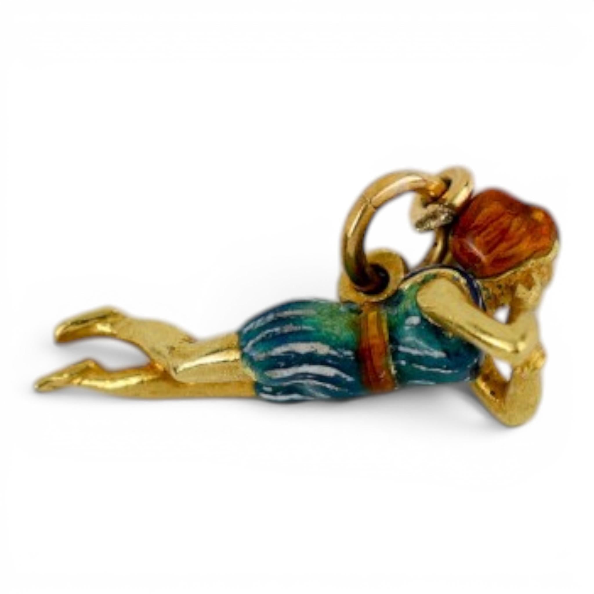 French 18K Platinum Enamel Swimmer Charm