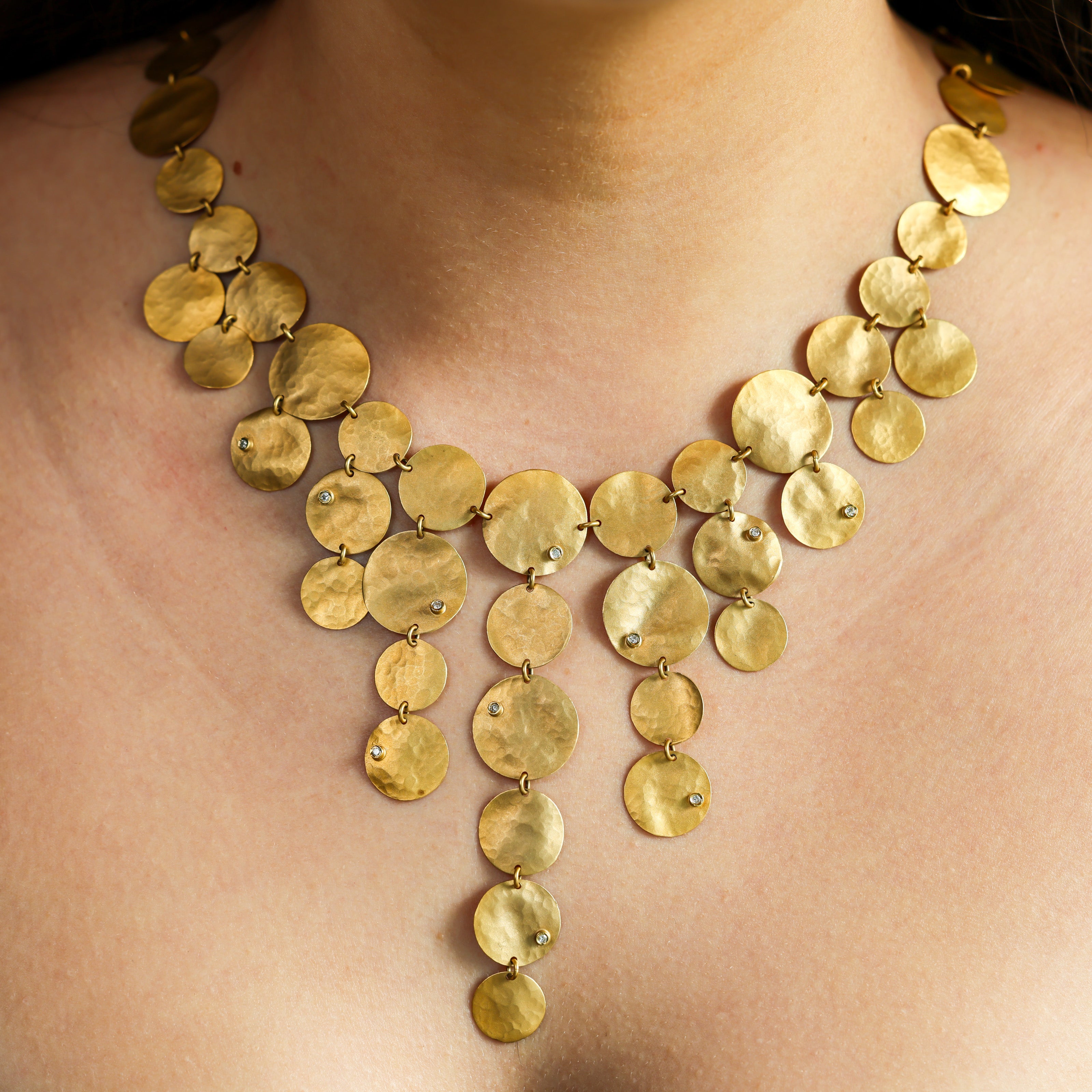 Hammered Textured Gold Coin Necklace with Diamond Accents