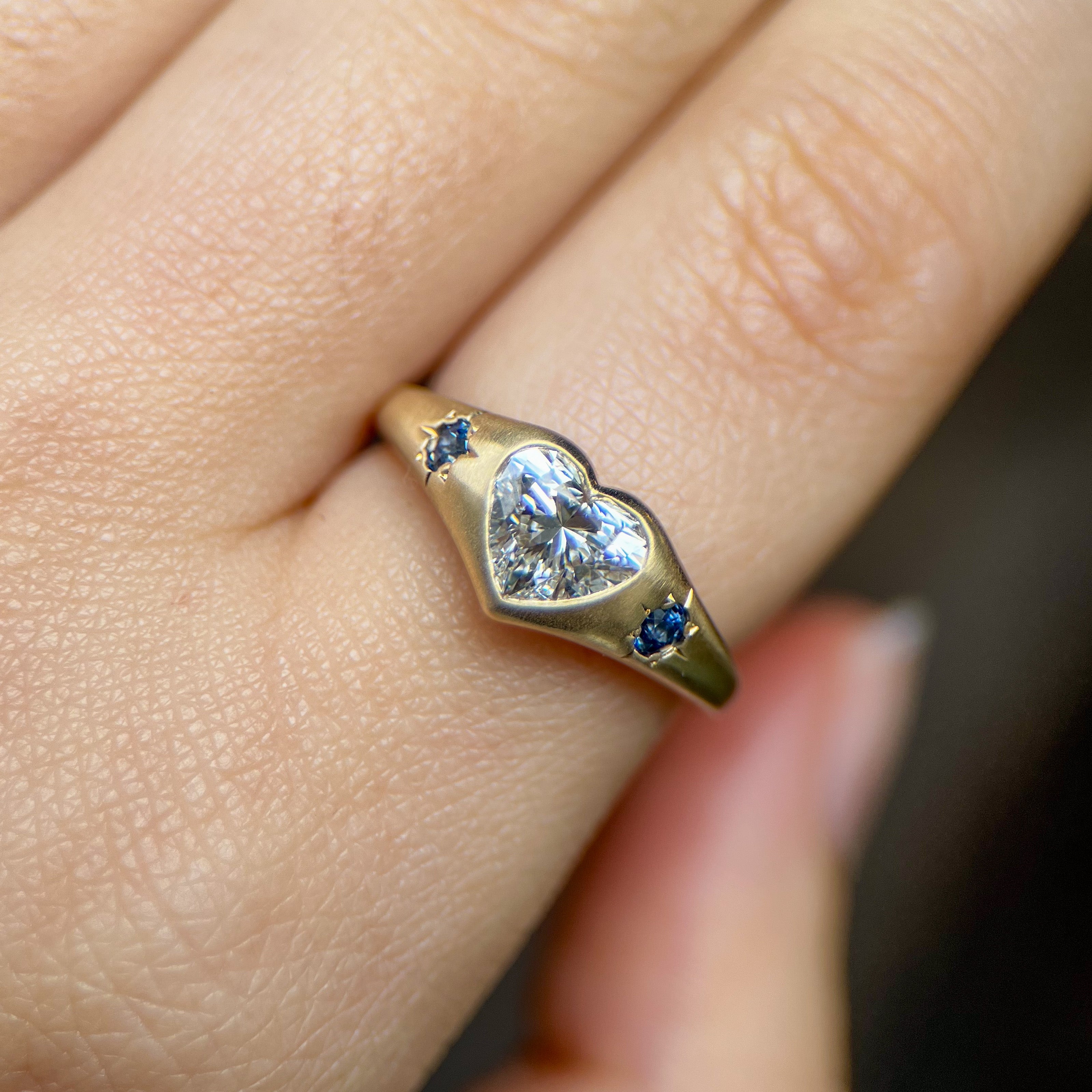 LG Diamond Heart & Yogo Sapphire Signet Ring