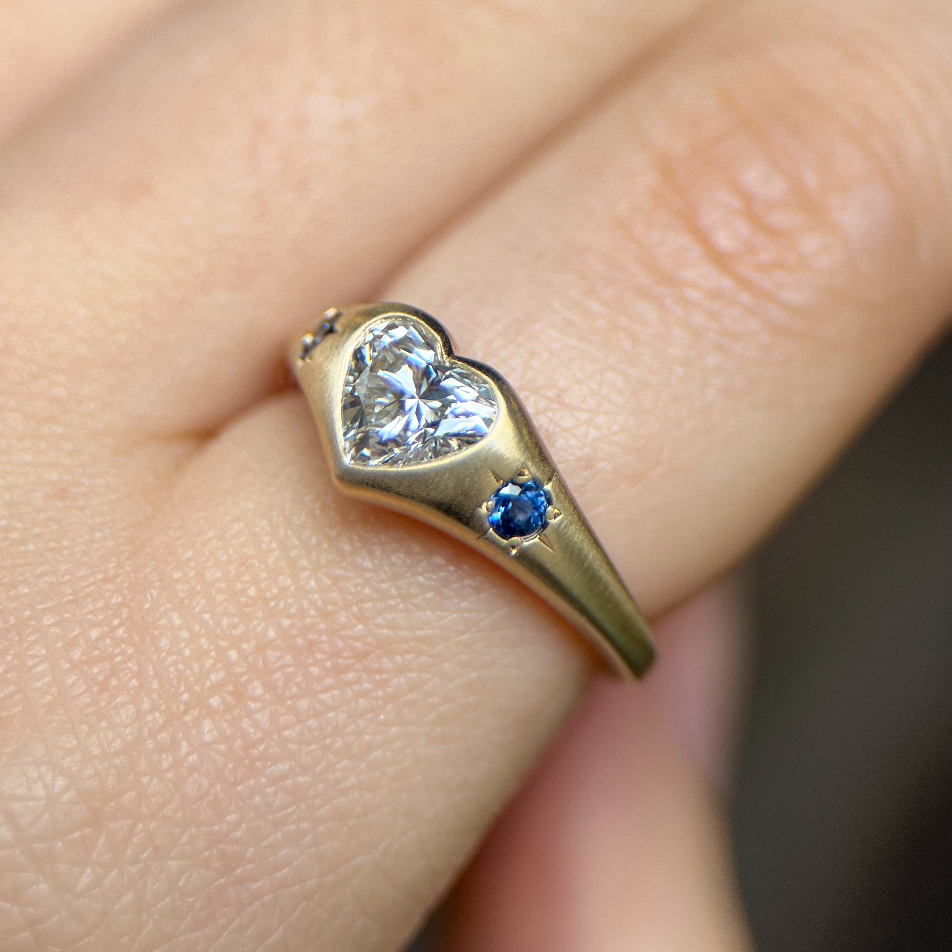 LG Diamond Heart & Yogo Sapphire Signet Ring