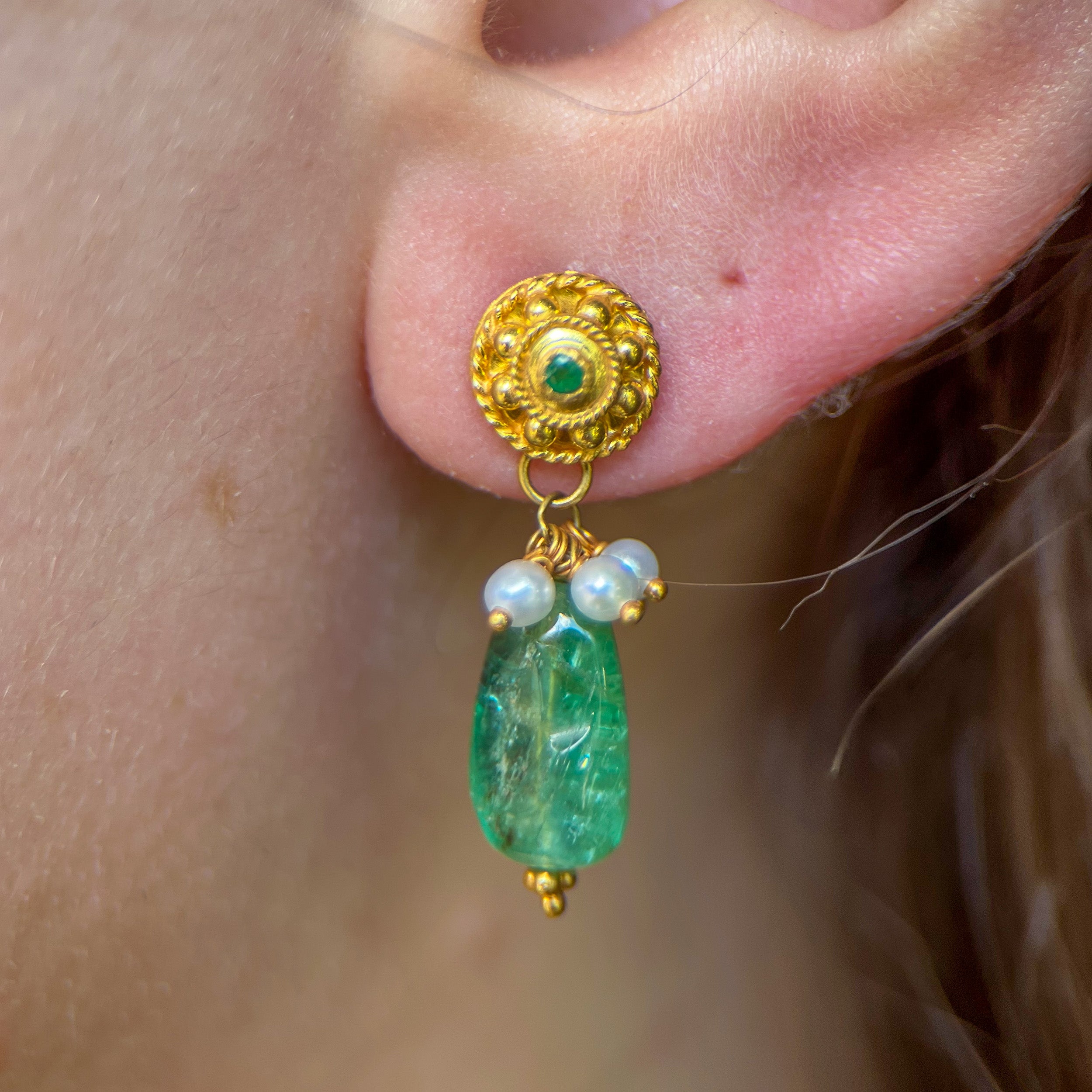Vintage 22K Yellow Gold Emerald & Pearl Drop Earrings