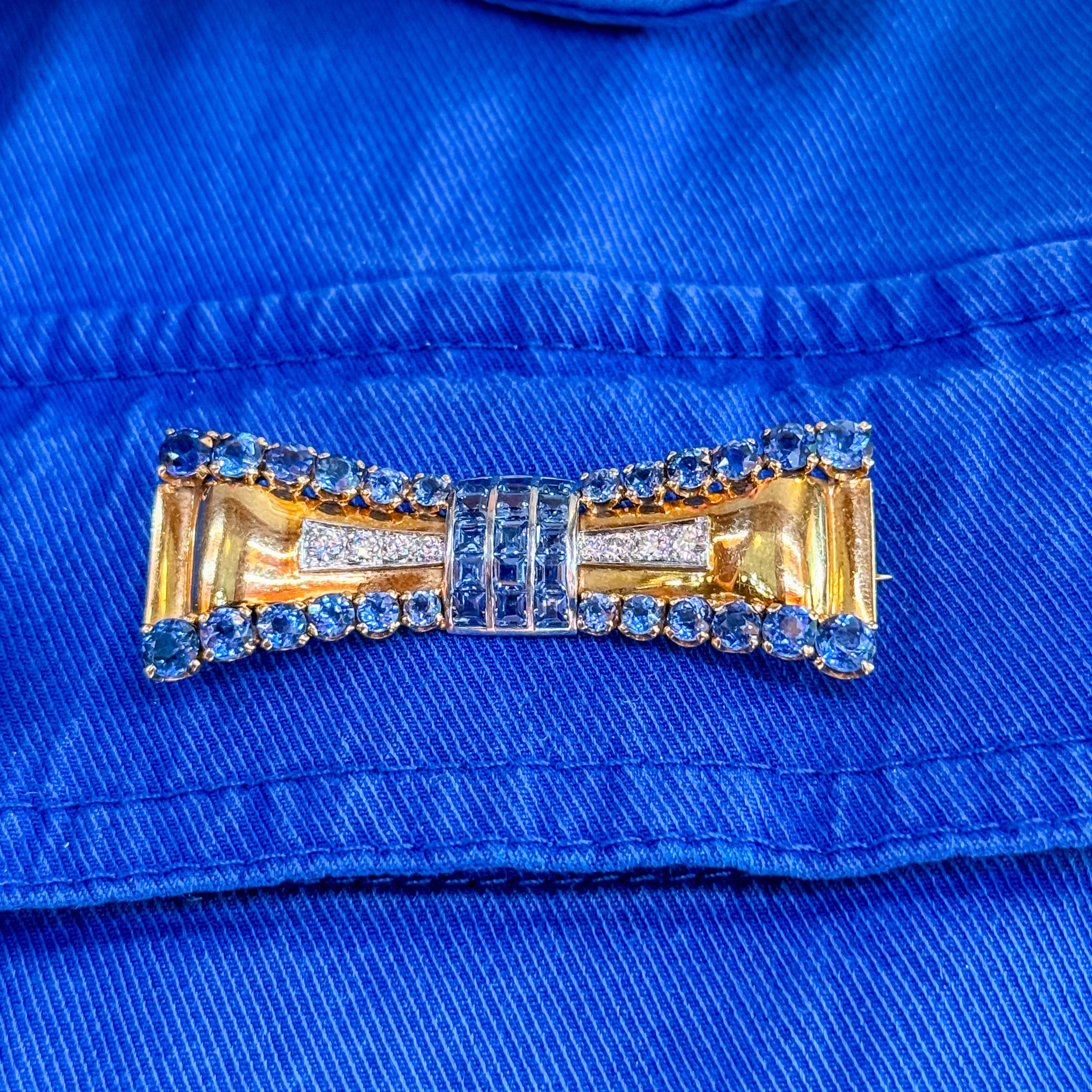Retro Montana Sapphire & Diamond Bow Brooch