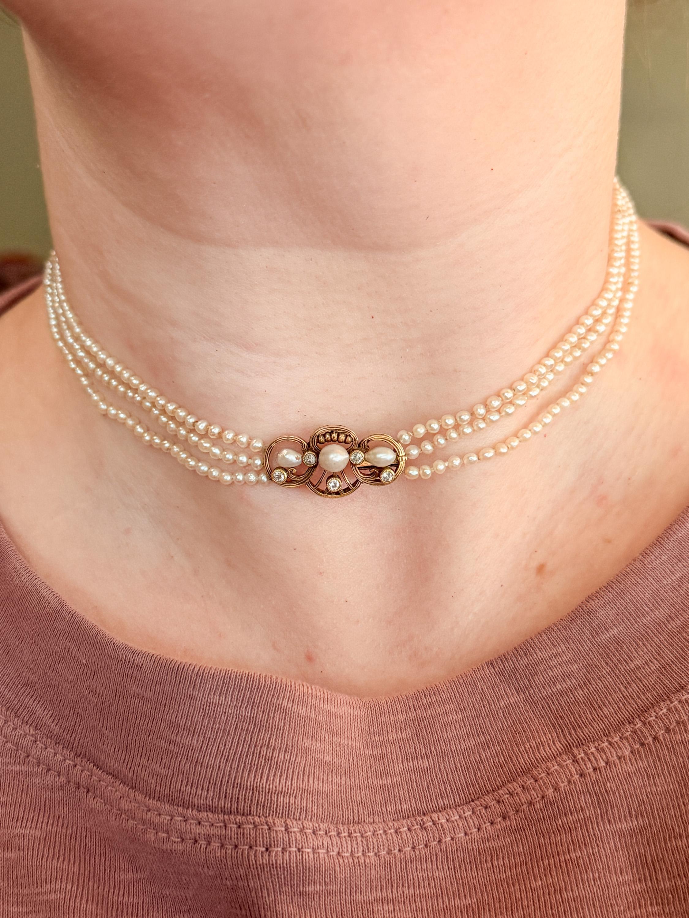 Art Nouveau 14k Gold Pearl Necklace with Diamonds