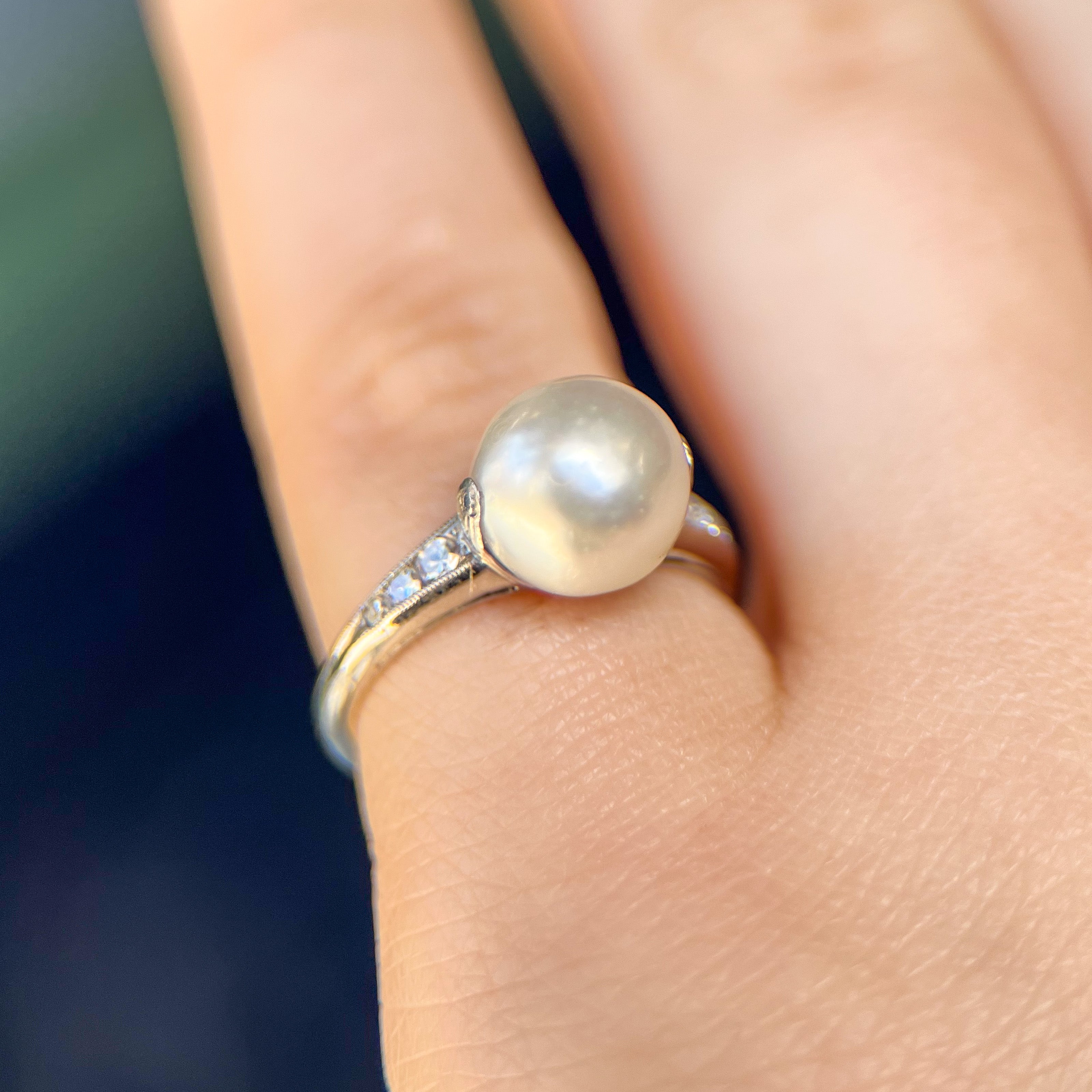 Art Deco Jabel Platinum Cultured Pearl & Diamond Ring