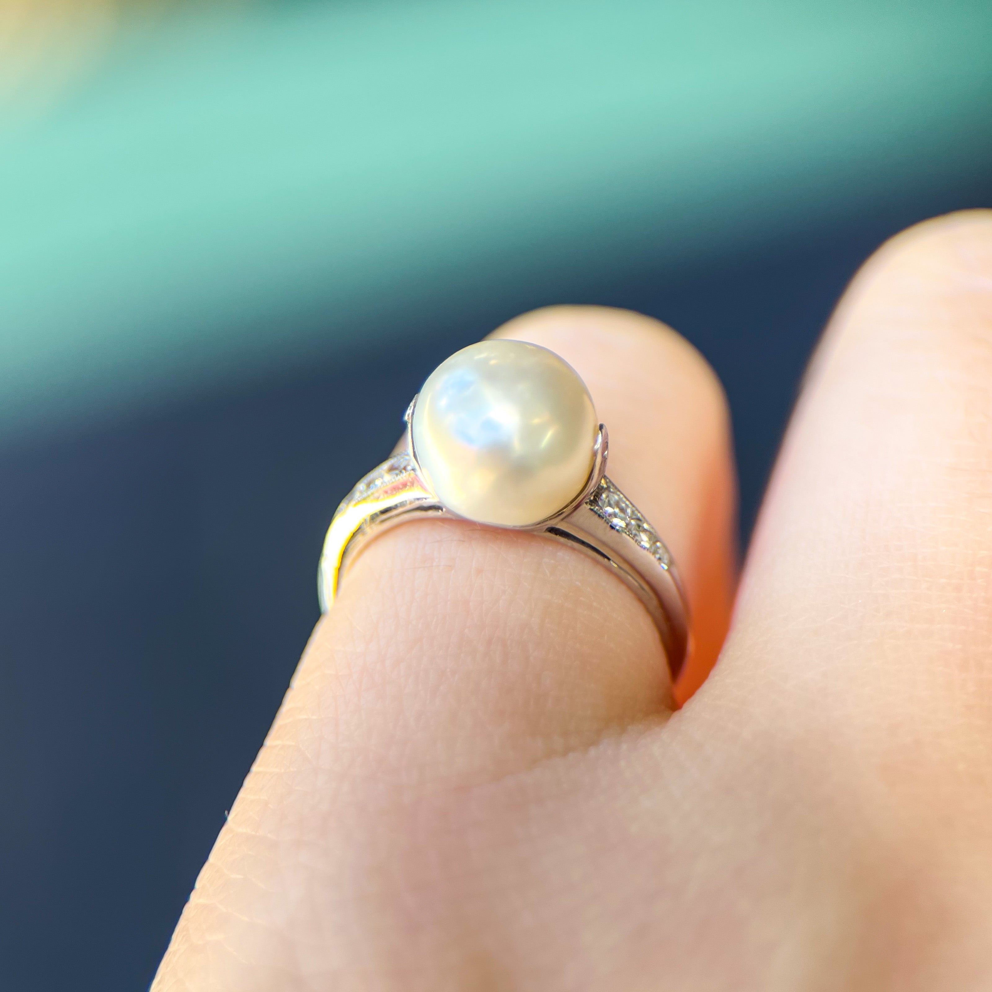 Art Deco Jabel Platinum Cultured Pearl & Diamond Ring