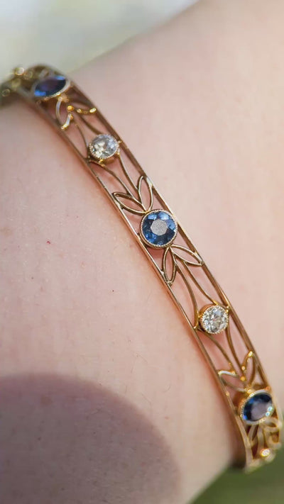 Edwardian Yogo Gulch Montana Sapphire & Diamond Hinged Bangle Bracelet