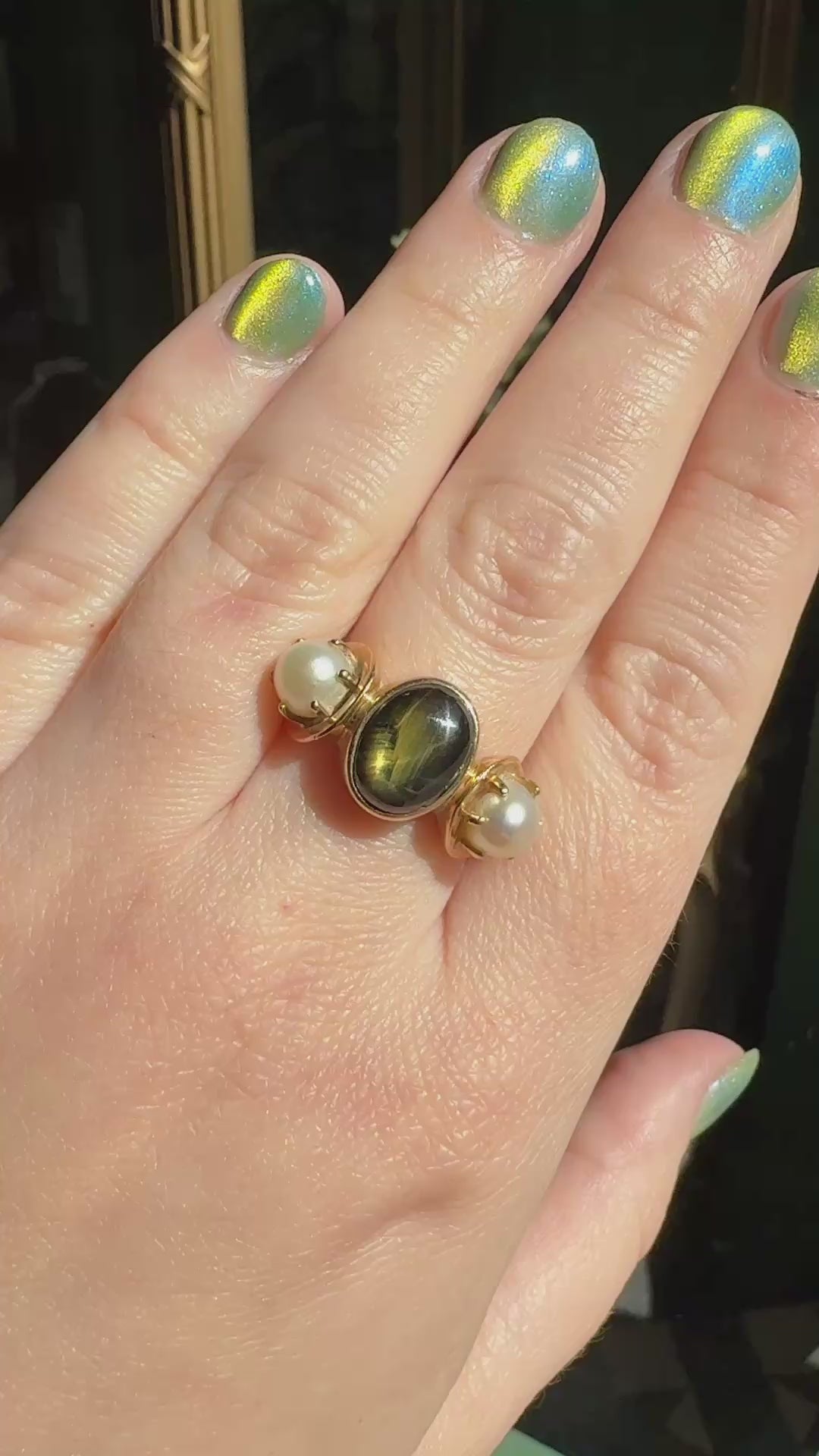 Vintage Green Star Sapphire Ring with Pearls