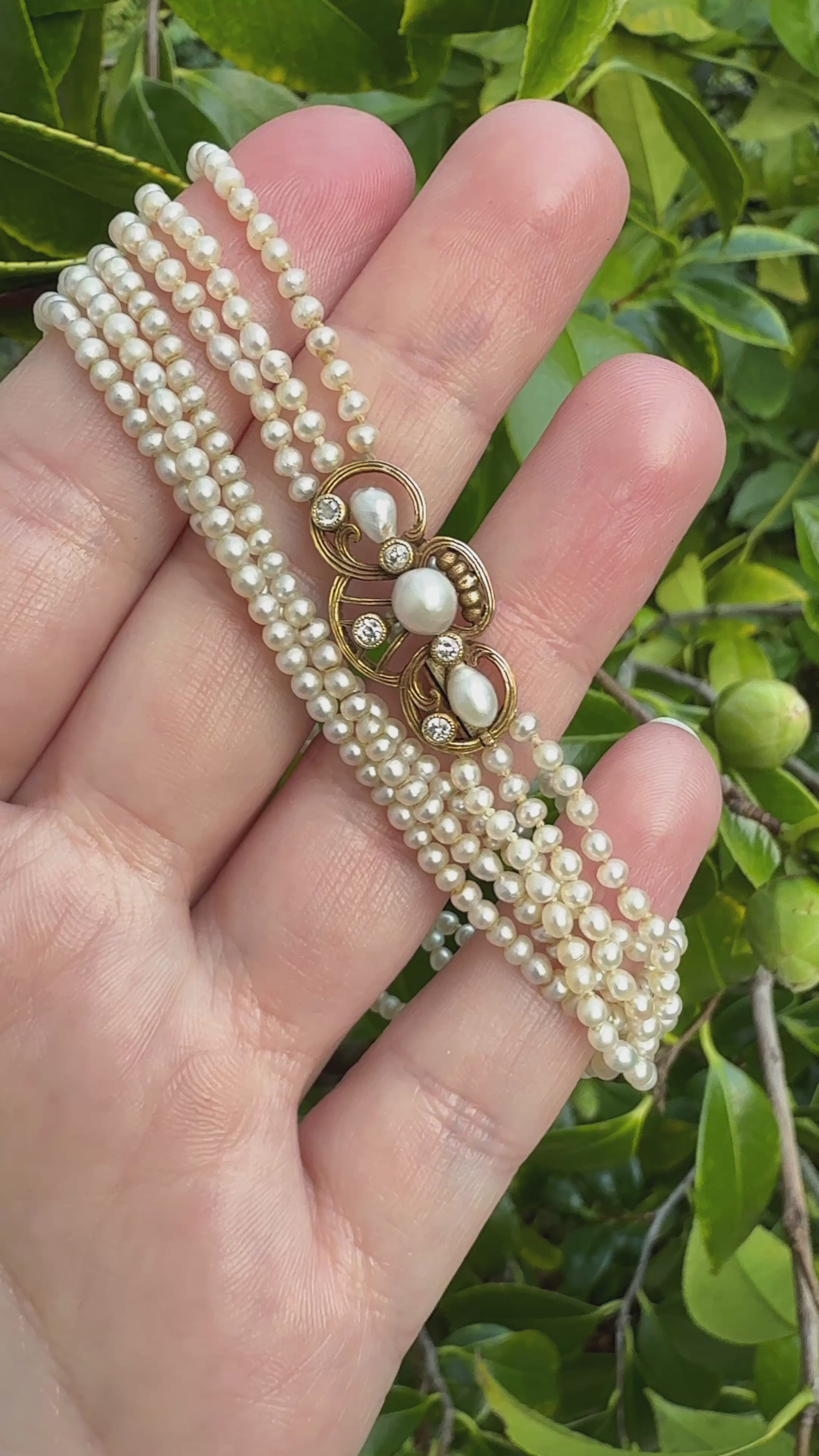 Art Nouveau 14k Gold Pearl Necklace with Diamonds