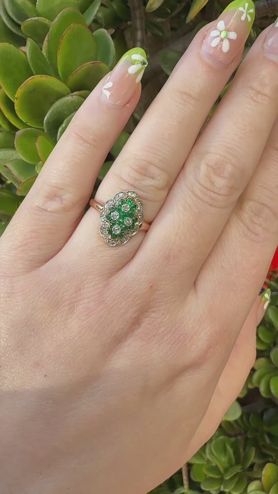 Edwardian Emerald & Diamond Navette Ring in 18k Gold & Platinum
