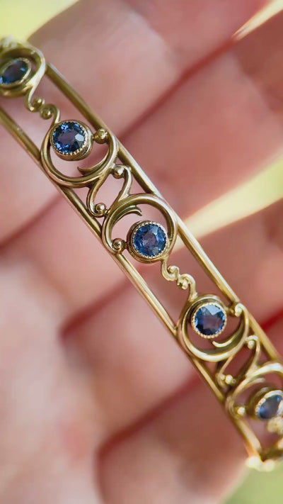 Arts & Crafts Yogo Gulch Montana Sapphire Filigree Bangle Bracelet
