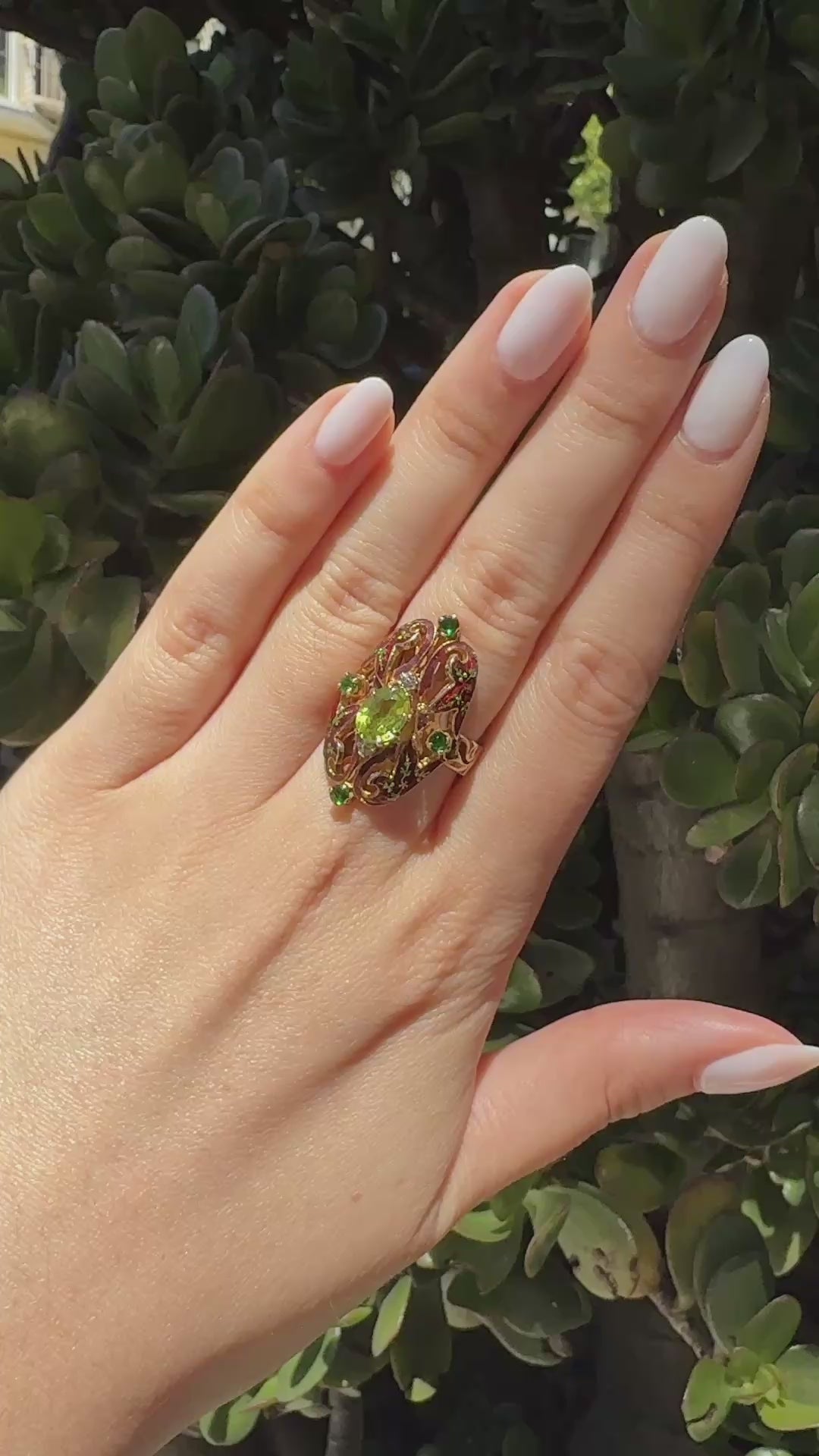 Vintage Enamel, Peridot, Tsavorite, & Diamond Dinner Ring