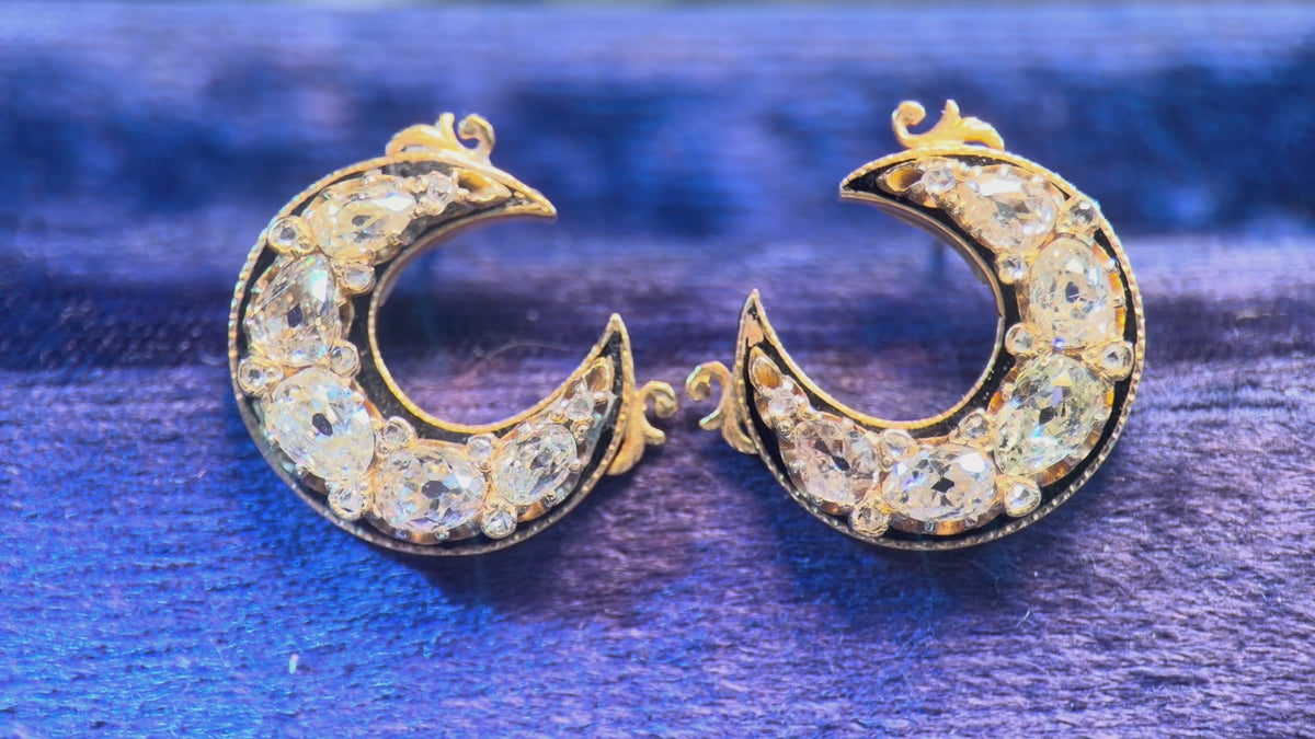 Victorian Crescent Moon Old Mine Cut Diamond Gold Earrings