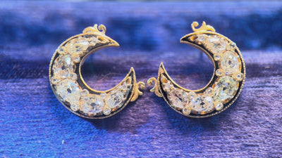 Victorian Crescent Moon Old Mine Cut Diamond Gold Earrings