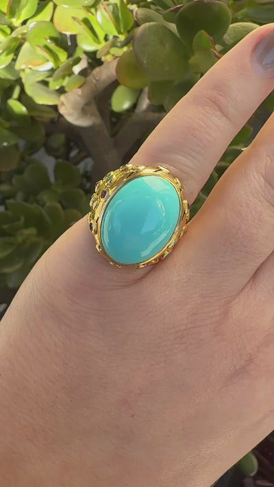 Vintage Turquoise Multi-Gem 18K Yellow Gold Ring