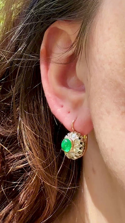 Victorian Style Emerald & Diamond Cluster Earrings