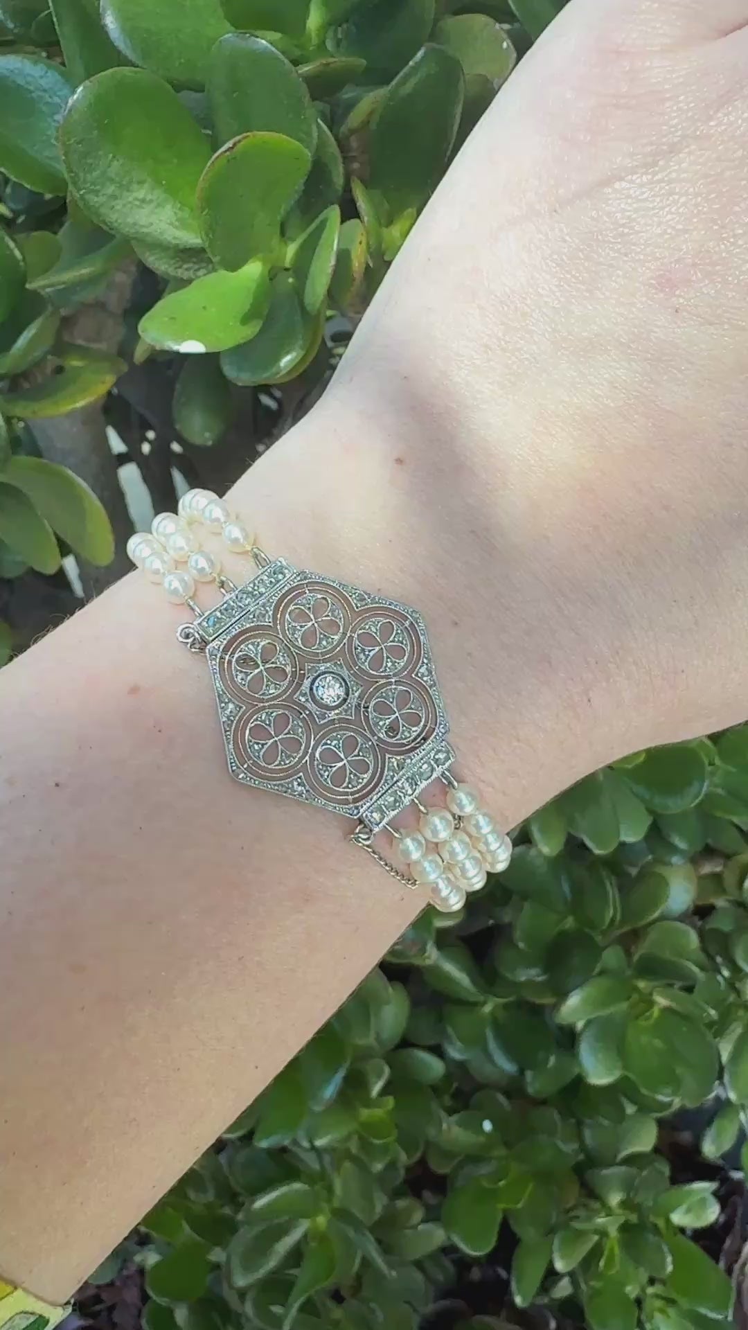 Old European Cut Diamond Bracelet with Pearls in Gold & Platinum