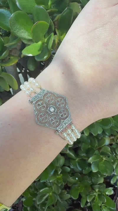 Old European Cut Diamond Bracelet with Pearls in Gold & Platinum